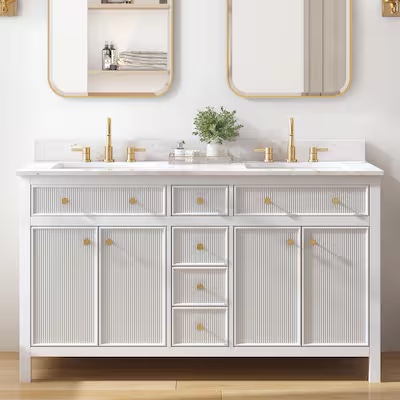 Fluted Panel Style 60-in White Undermount Double Sink Bathroom Vanity (Box 1 of 2 Only)