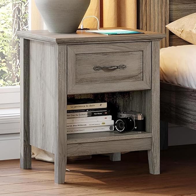 Night Stand Farmhouse Wood Night Stand with Type-C Charging Station Open Storage Shelf Nightstands with Drawer Side Table End Table for Bedroom Living Room Sofa Couch Office Grey