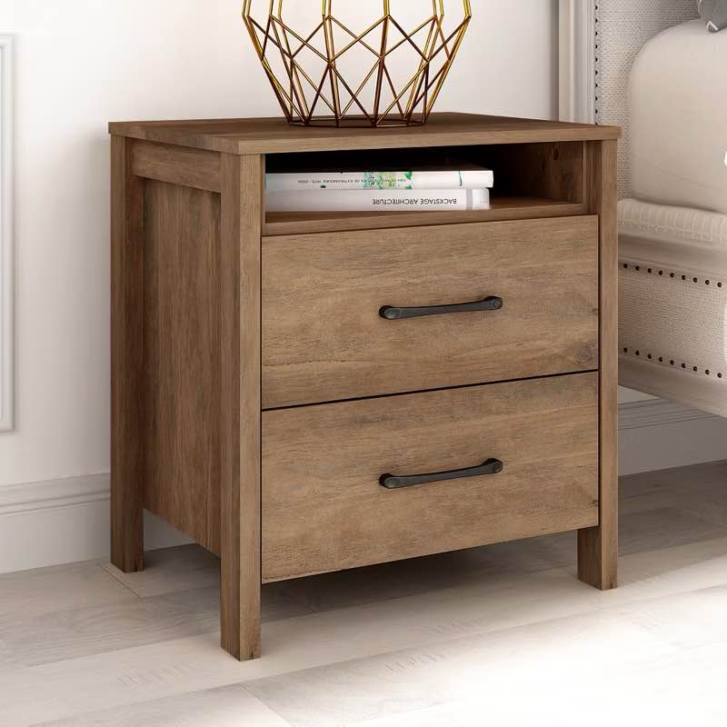 Modern 2-Drawer Nightstand with Open Storage in Knotty Oak