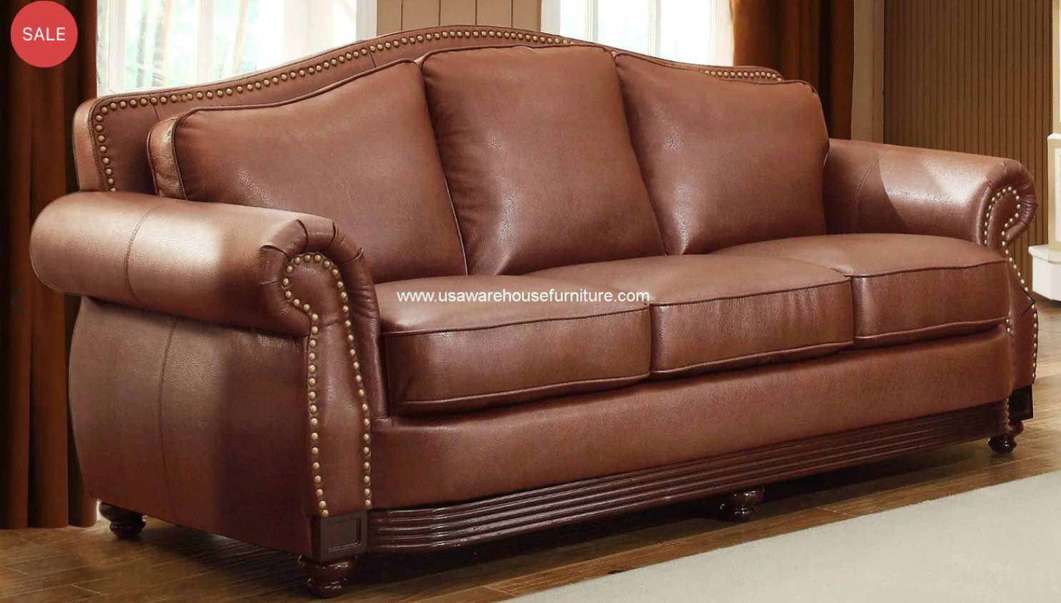 Home Elegance Brown Leather Sofa (Rip On Side Of Sofa - See Photos)