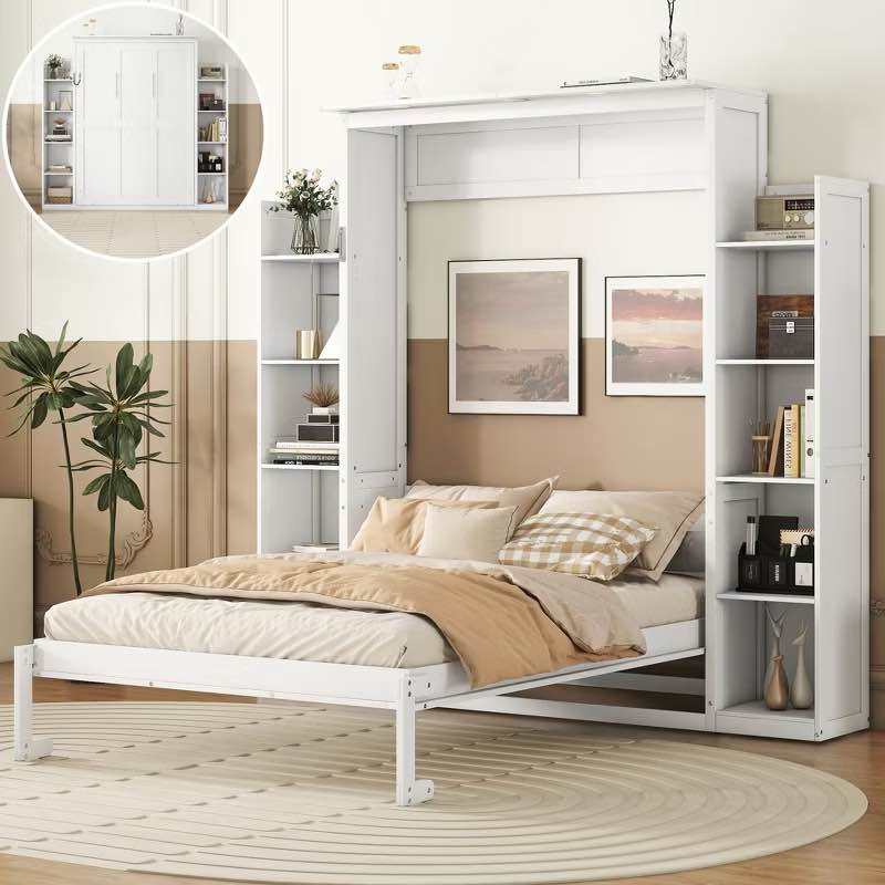 Full Size Murphy Bed/Wall Bed with Shelves and LED Lights, White (Box 1 of 2 Only)