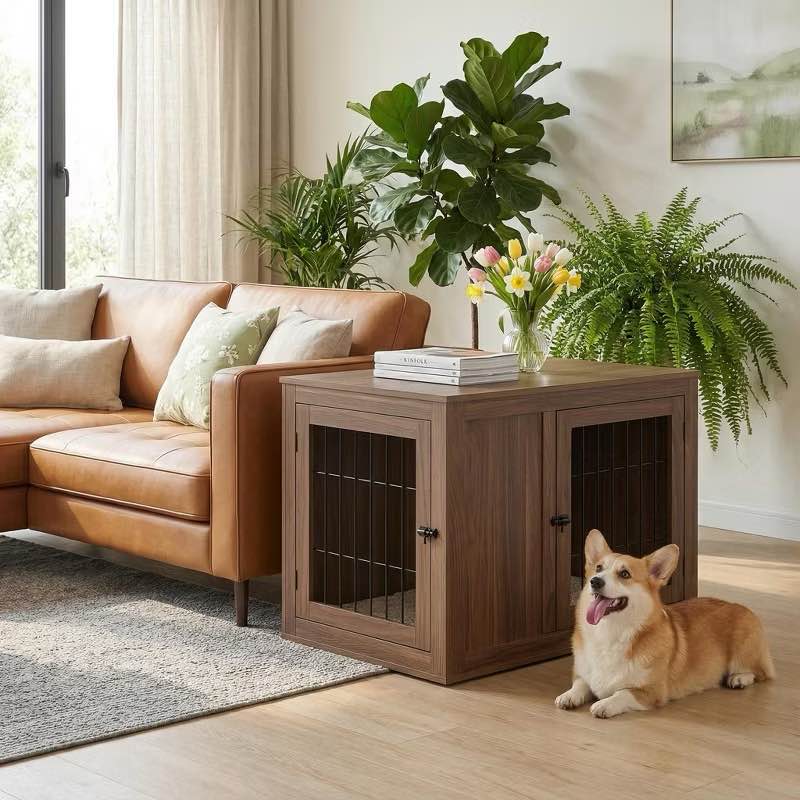 unipaws Double Doors Dog Crate, Walnut, Extra Large, 38.5"L x 28"W x 29"H