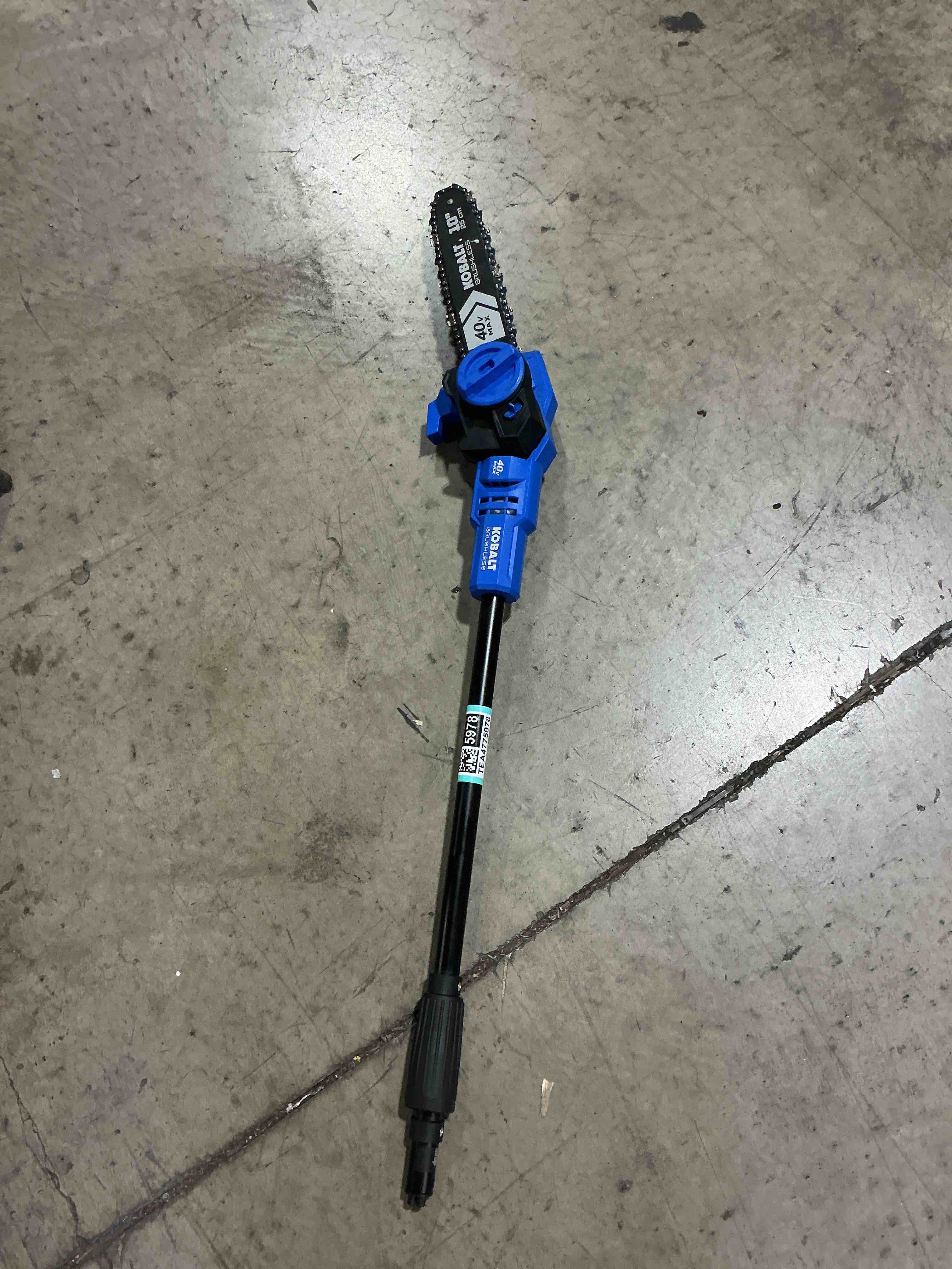 Condition photo showing As Is for partial pole and blade end only. kobalt gen4 40-volt 10-in battery pole saw
