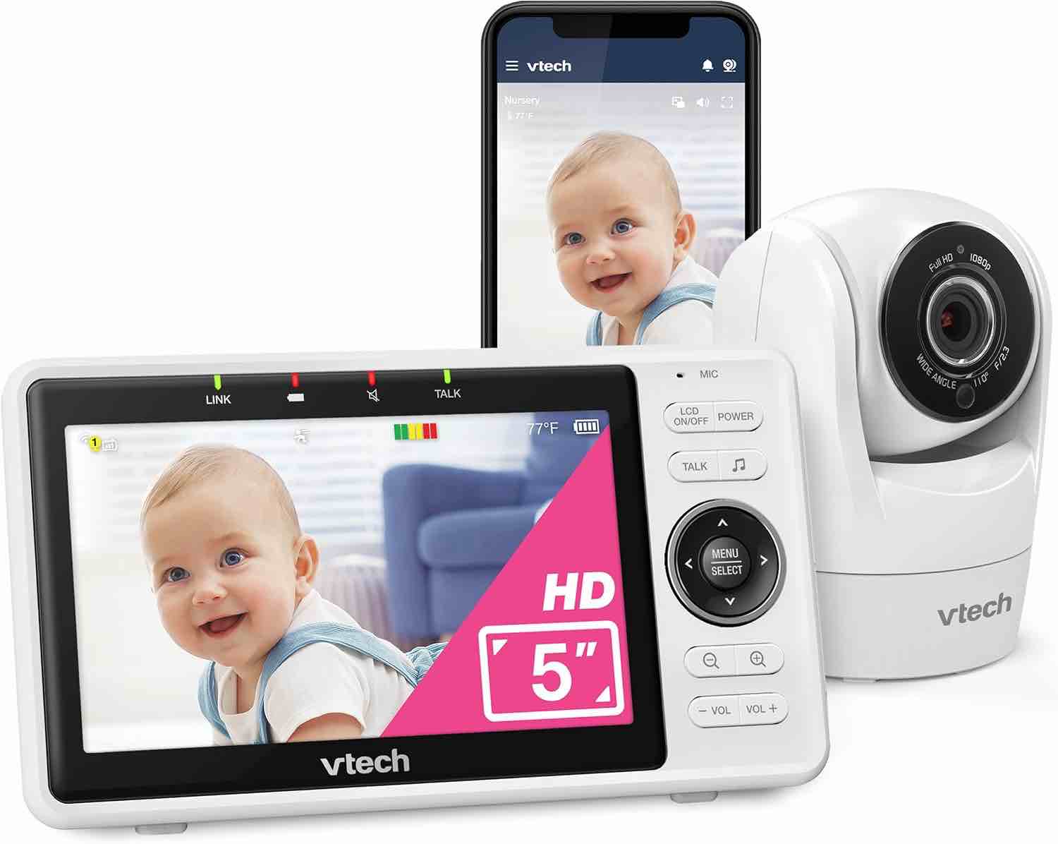 vtech upgraded smart wifi baby monitor vm901, 5-inch 720p display, 1080p camera, hd nightvision, fully remote pan tilt zoom, 2-way talk, free smart phone app, works with ios, android