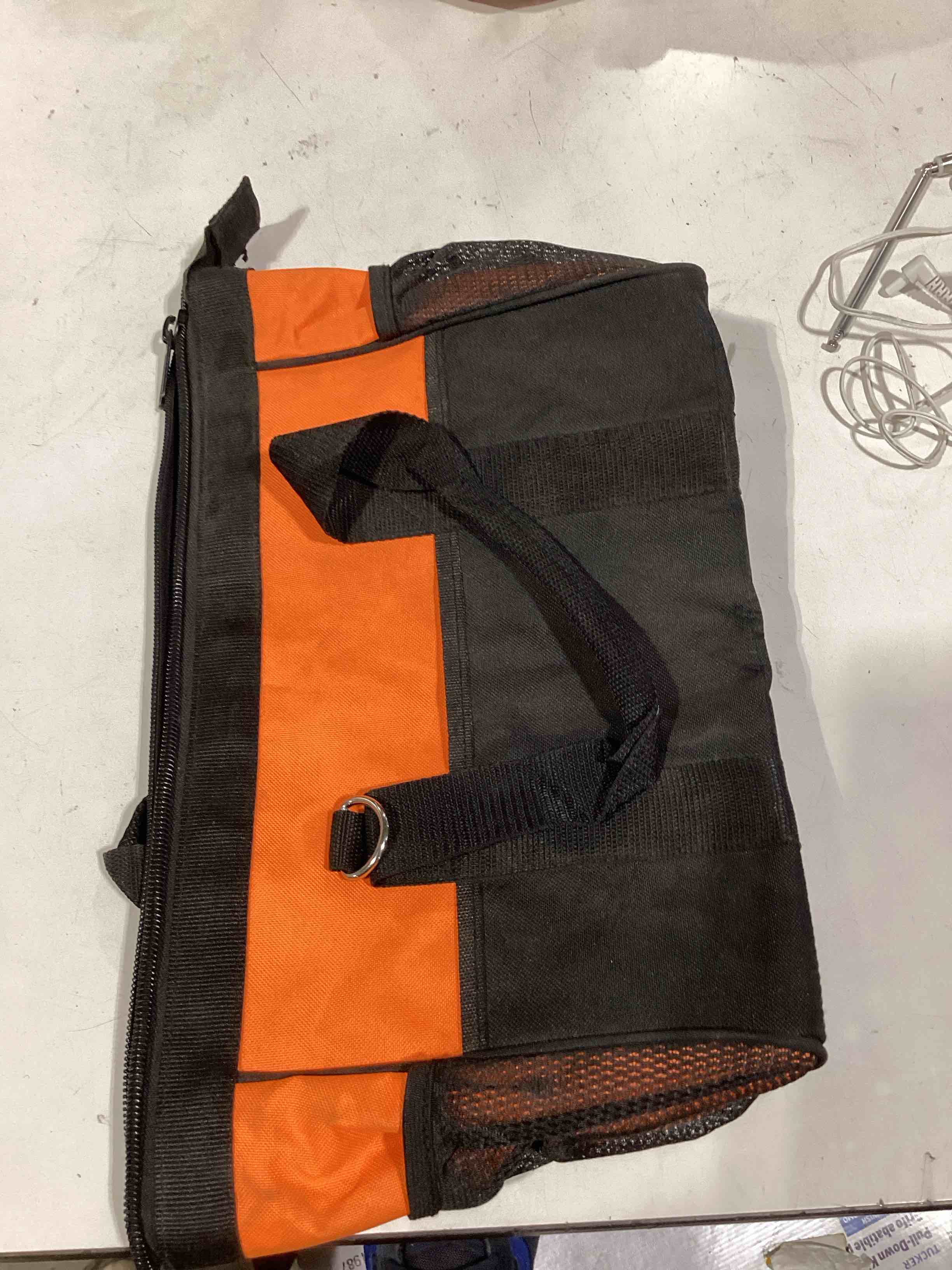 Condition photo showing As Is for large capacity multi-pocket tool organizer wear-resistant heavy duty tool bag for electricians, construction workers, carpenters, job site, orange
