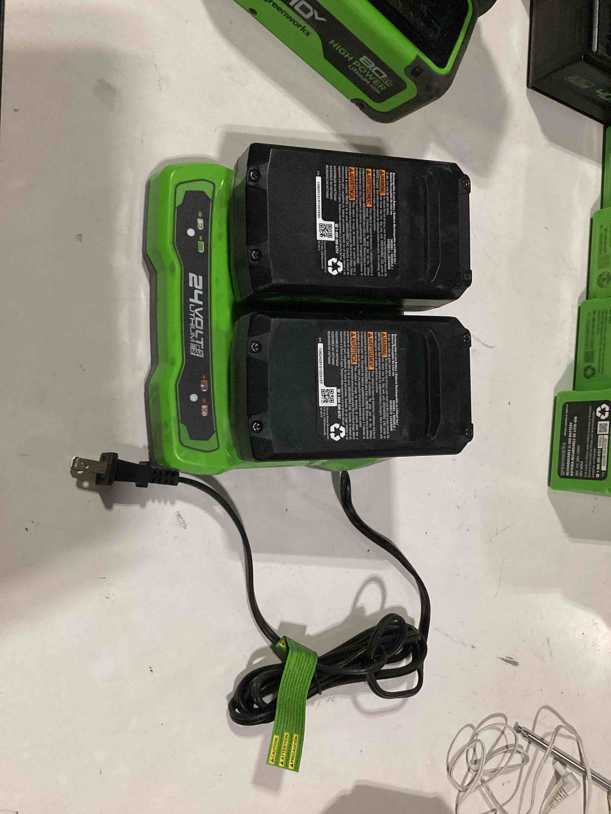 Condition photo showing As Is for dual port battery charger for greenworks 24v battery bag708 bag711 | compatible with greenworks 24v battery charger, rapid smart charger, led indicator, 50% faster smart charger