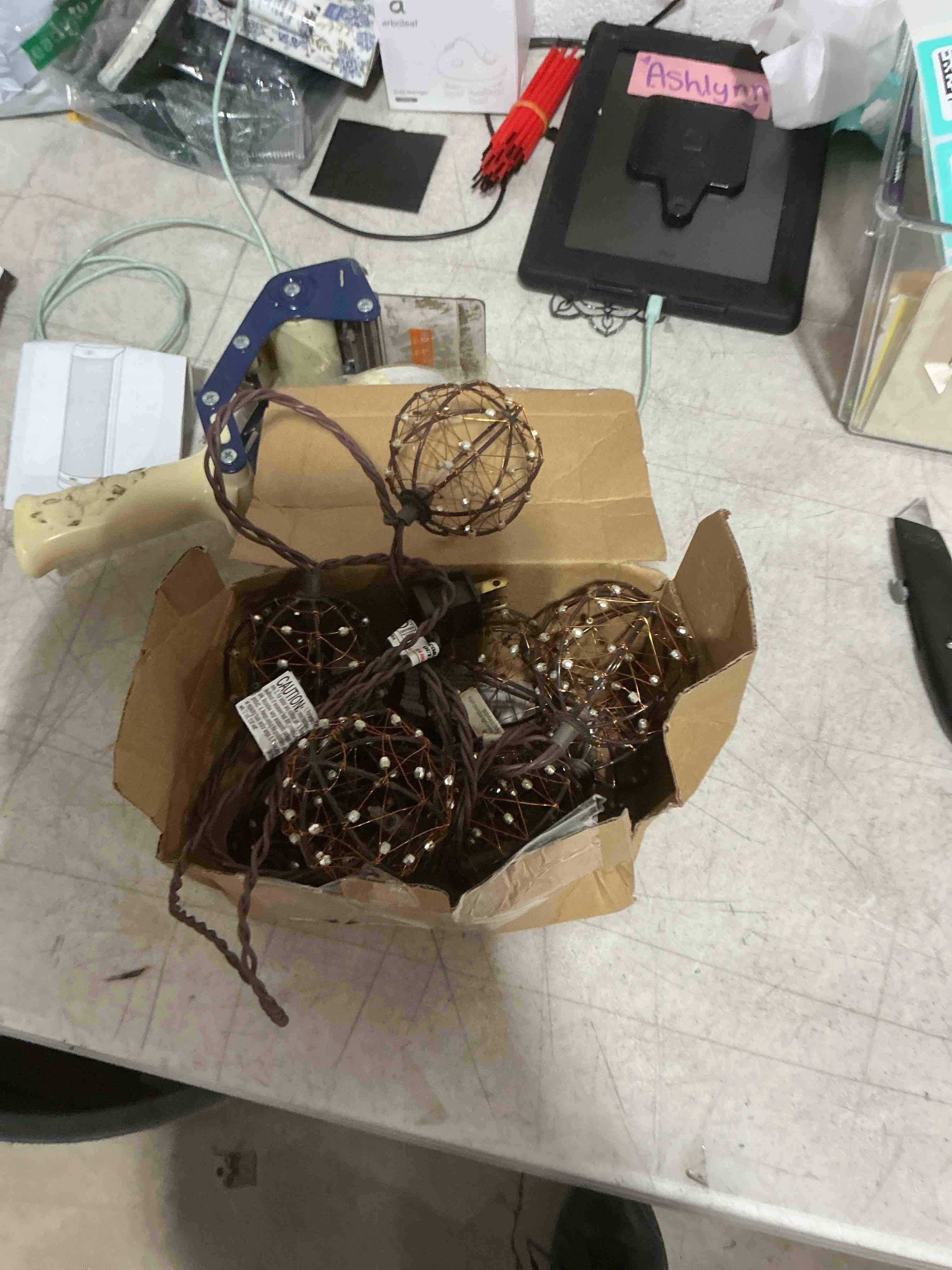 Condition photo showing Good Condition for oviejo 8.5ft led patio string lights, waterproof outdoor lantern string lights with 12 bulbs, beaded copper wire ball style, connectable yard garden bistro party lights, warm white brown beaded copper wire ball
