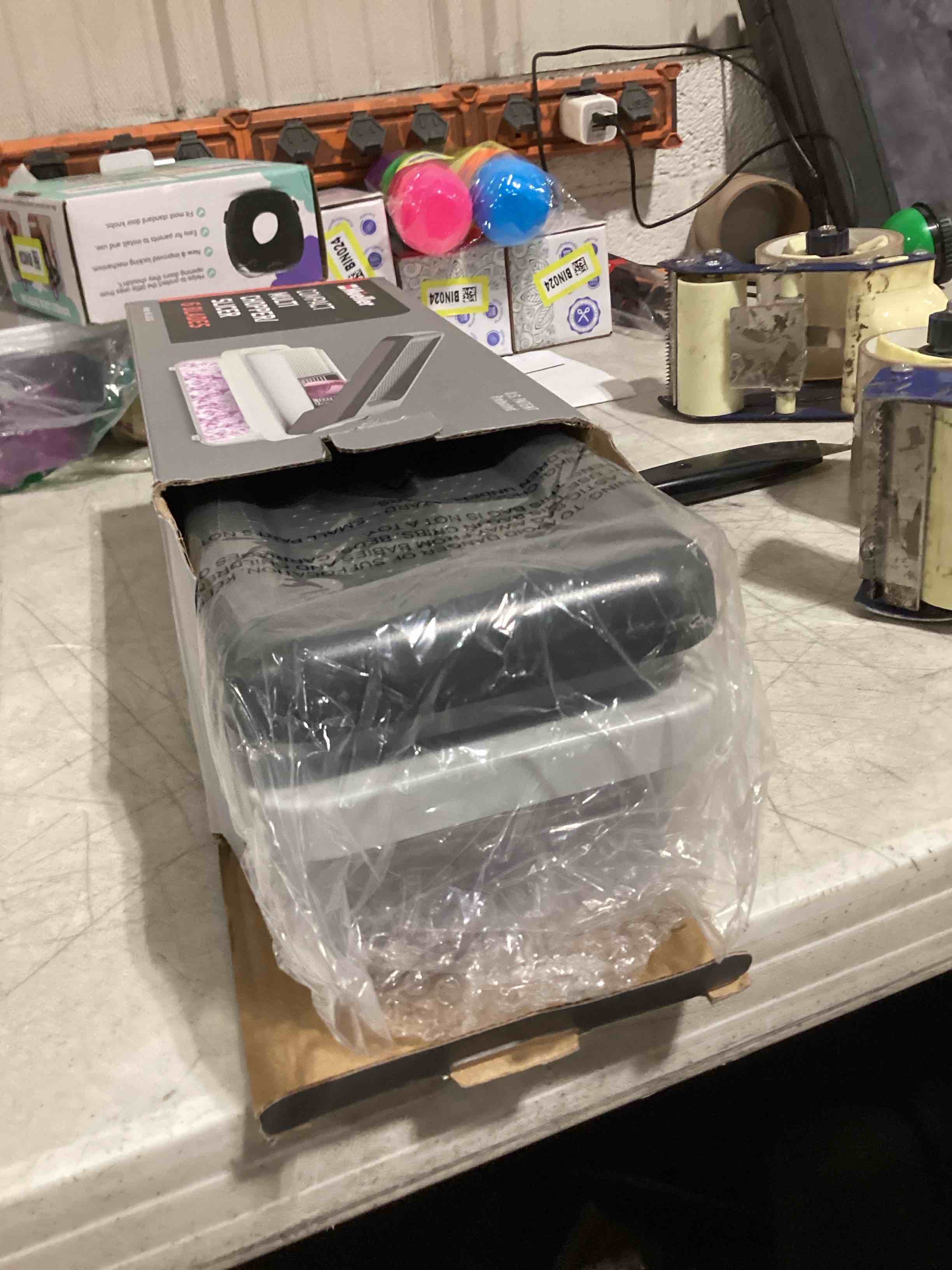Condition photo showing As Is for mueller vegetable chopper mandoline slicer, food veggie chopper, cheese grater, onion vegetable cutter with container, dicer, kitchen gadgets & essentials, white sand/grey white sand/grey 6 blade