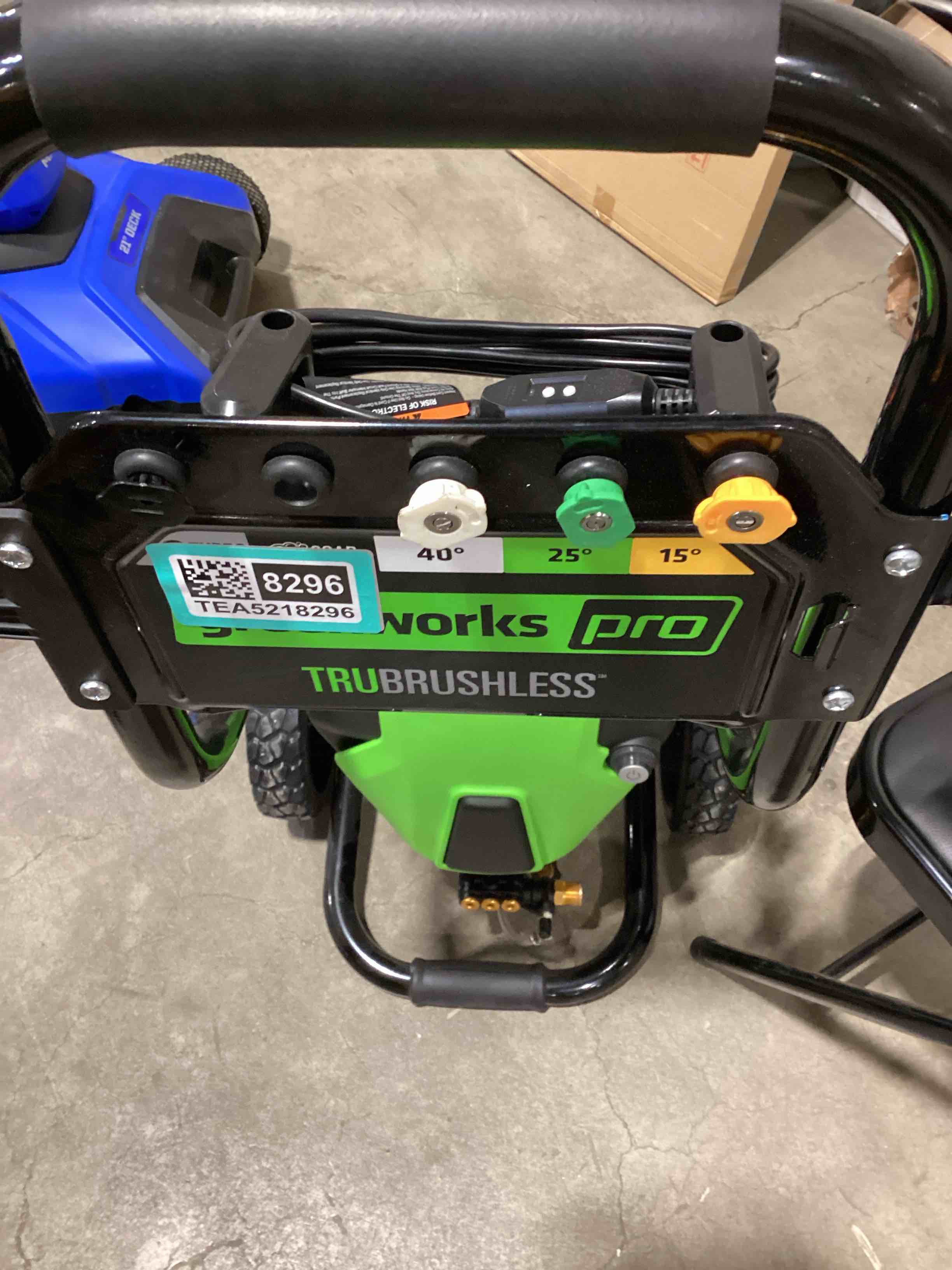 Condition photo showing As Is for greenworks 3000-psi 2.0-gpm cold water electric pressure washer with 5 spray tips