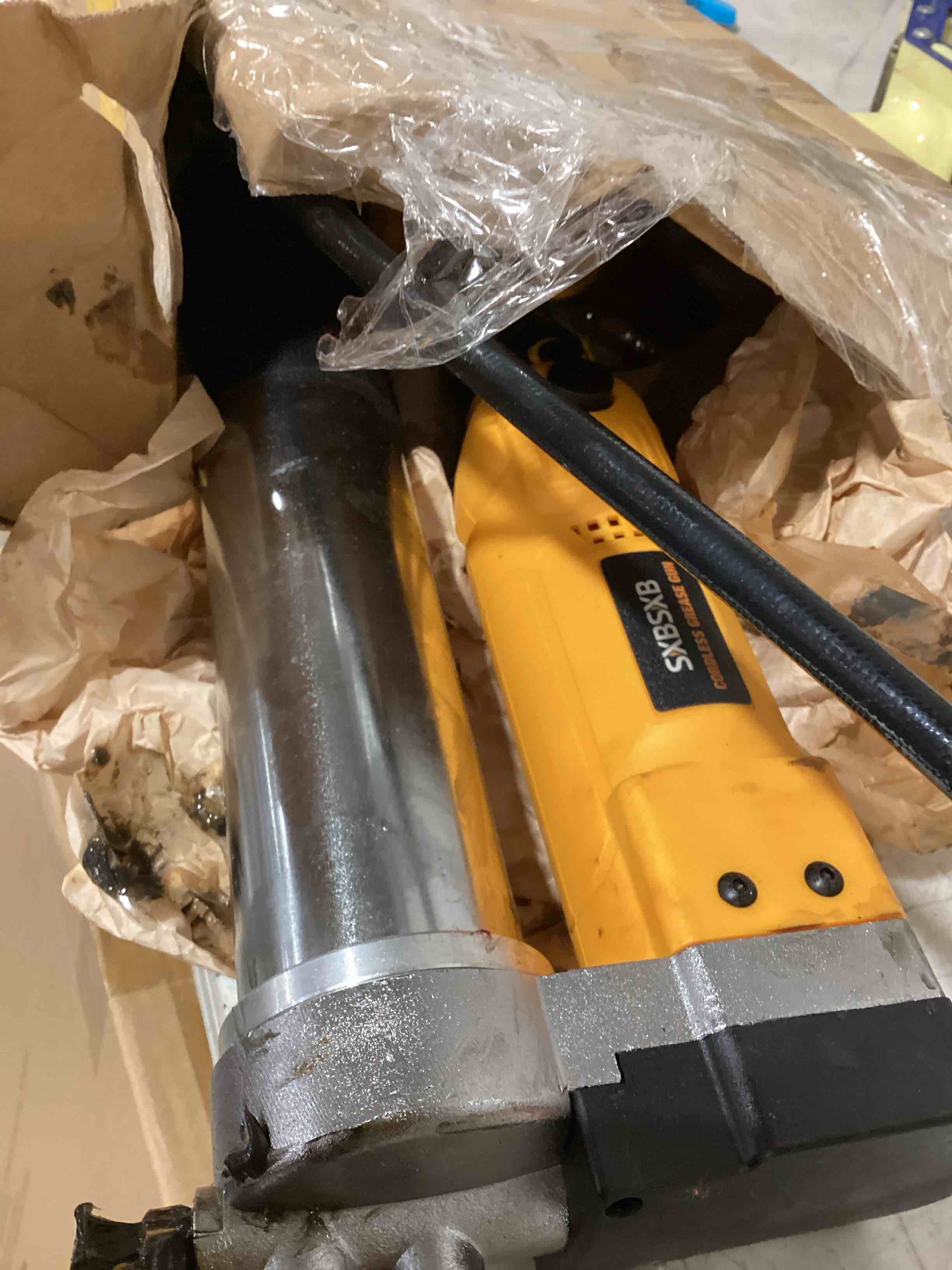 Condition photo showing As Is for electric grease gun compatible with dewalt 20v battery, variable speed triggers, 12000 psi high-pressure cordless grease gun works with bulk & cartridge grease, 39" hose & 4 couplers (tool only)