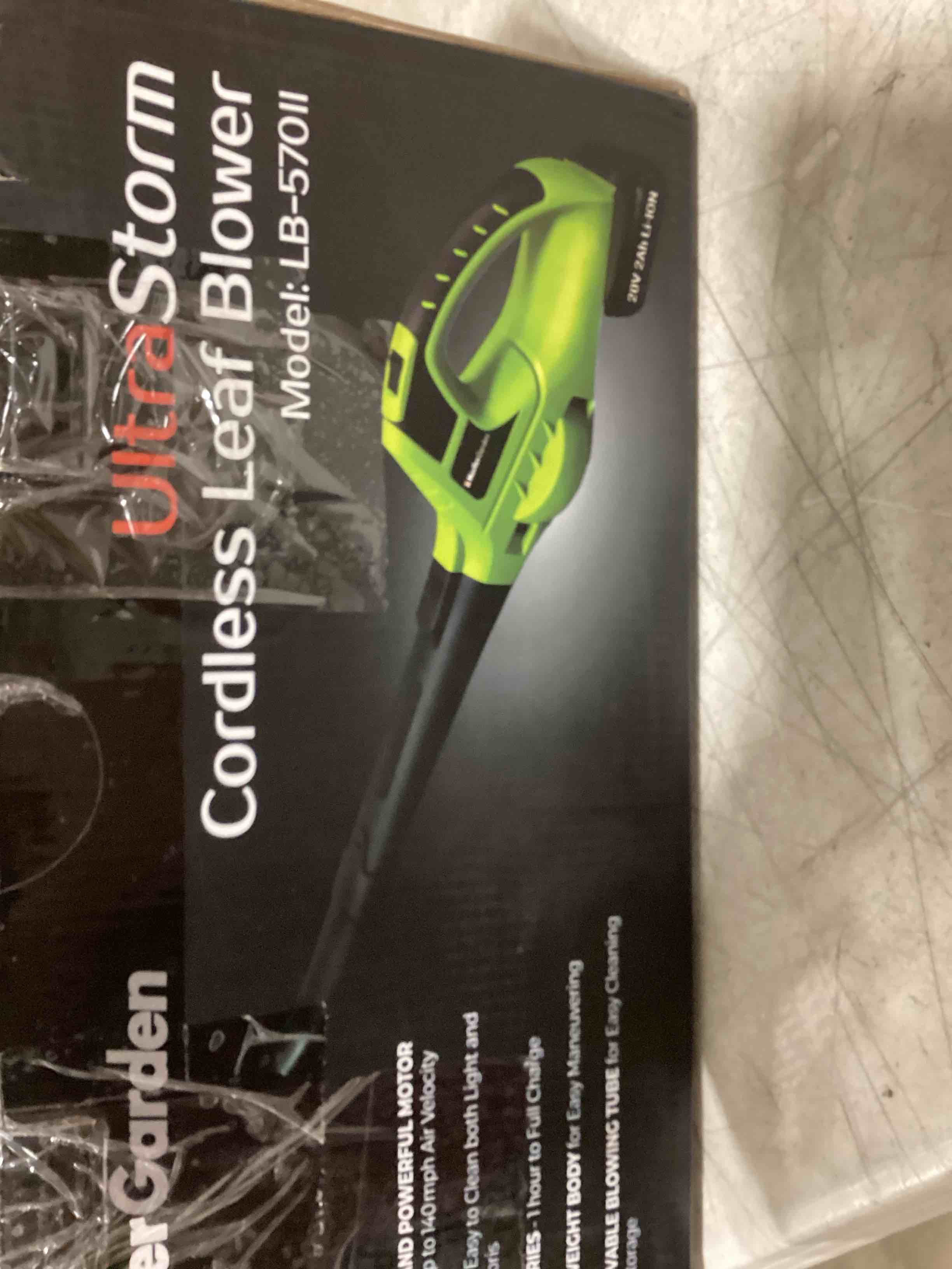 Condition photo showing New/Like New for mueller ultrastorm leaf blower cordless electric, with 2 batteries and charger, 140 mph 20 v powerful motor, 2 speed levels, 1hr charge, lightweight, blowers for lawn care, blower for snow