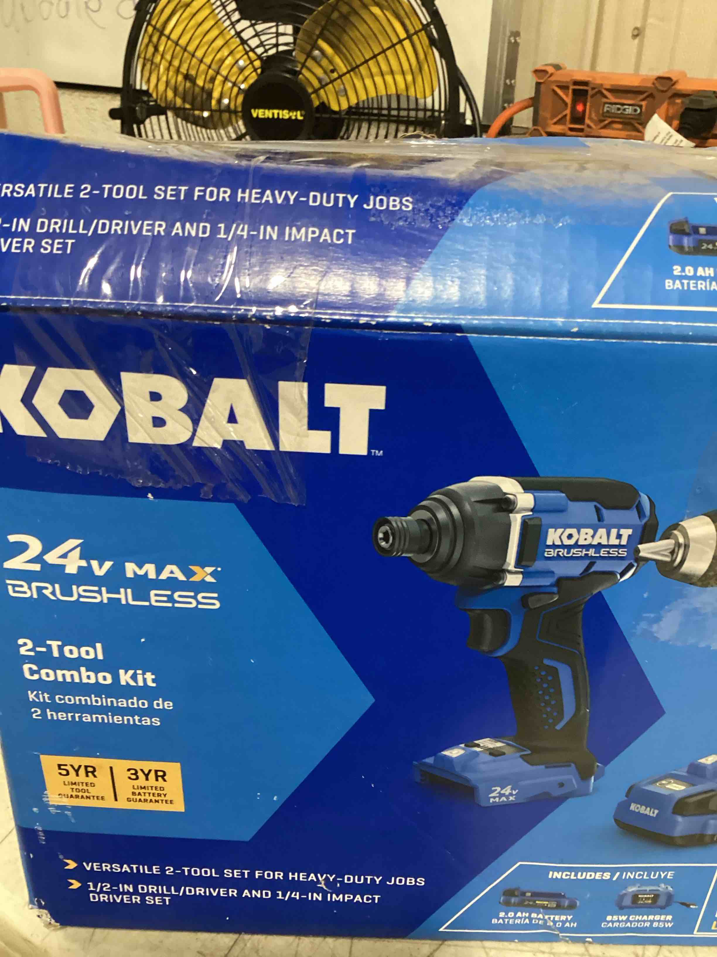 Condition photo showing As Is for kobalt 24-volt 2-tool brushless power tool combo kit with soft case (1-battery included and