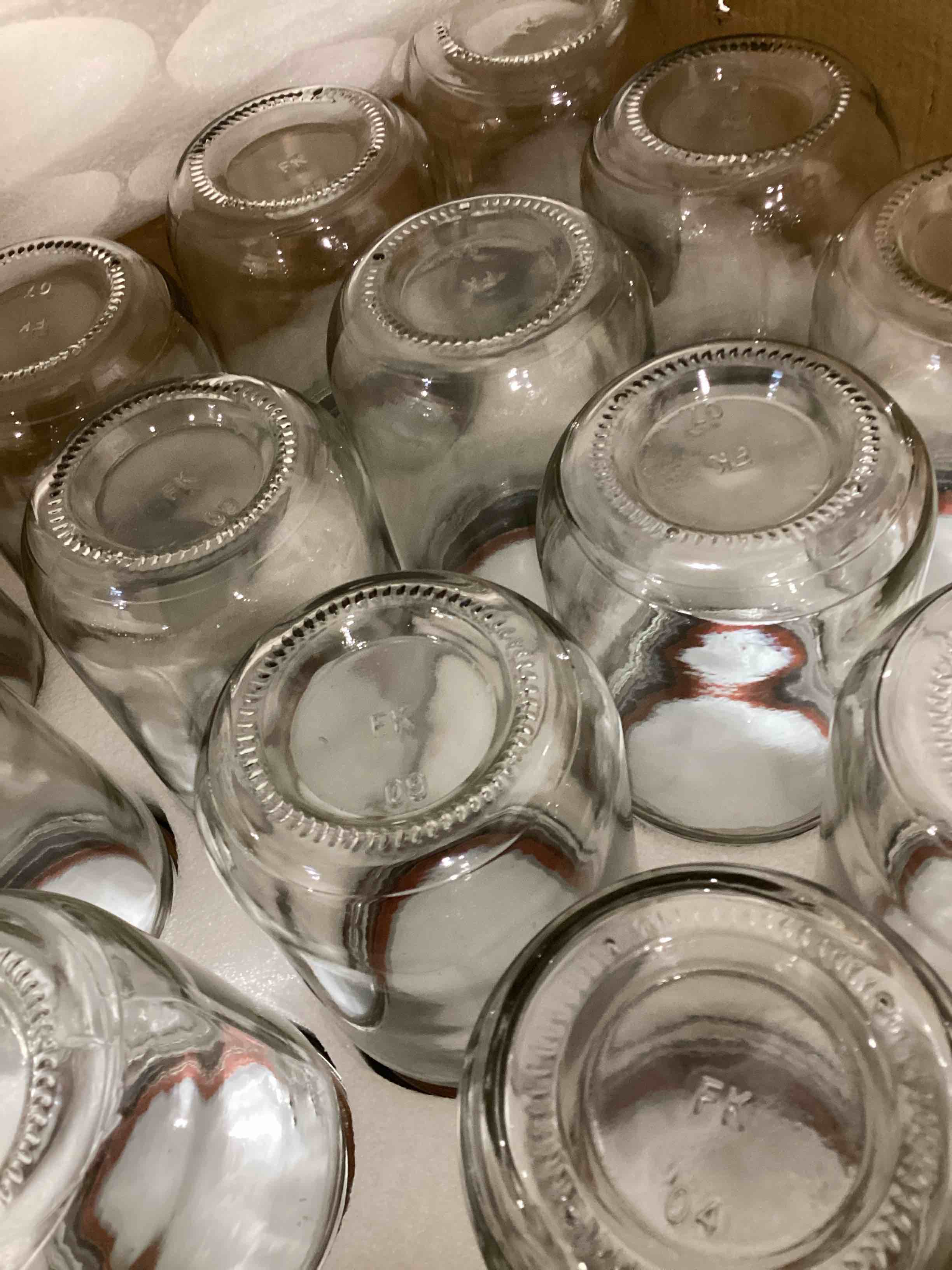 Condition photo showing Good Condition for qappda mason jars,glass jars with lids and bands 12 oz,canning jars for pickles and kitchen storage,wide mouth spice jars with black lids for honey,caviar,herb,jelly,jams,set of 20……… 12oz - split black lid 20