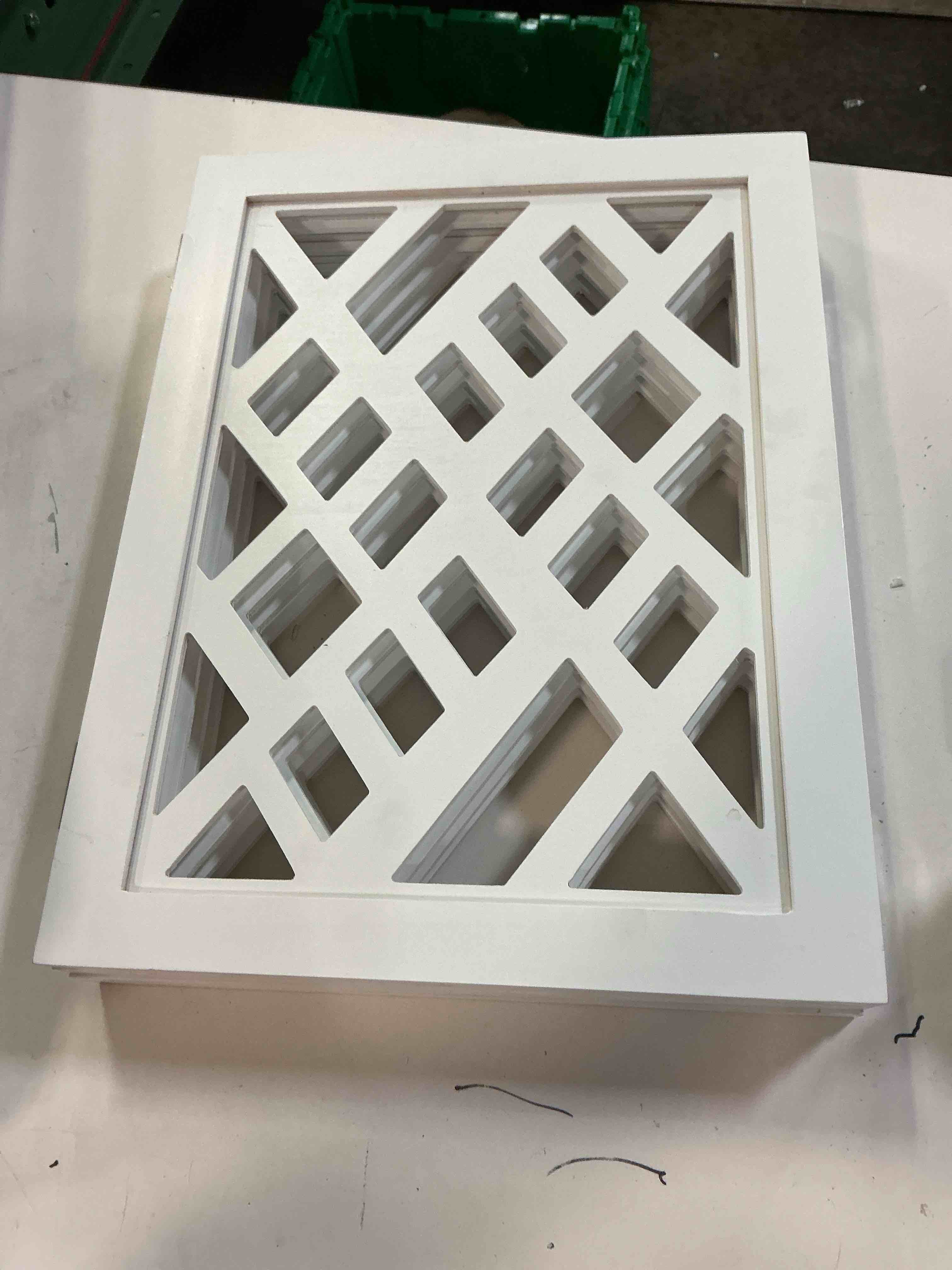 Condition photo showing As Is for adjustable 4 section indoor/outdoor wood lattice criss cross pet gate 