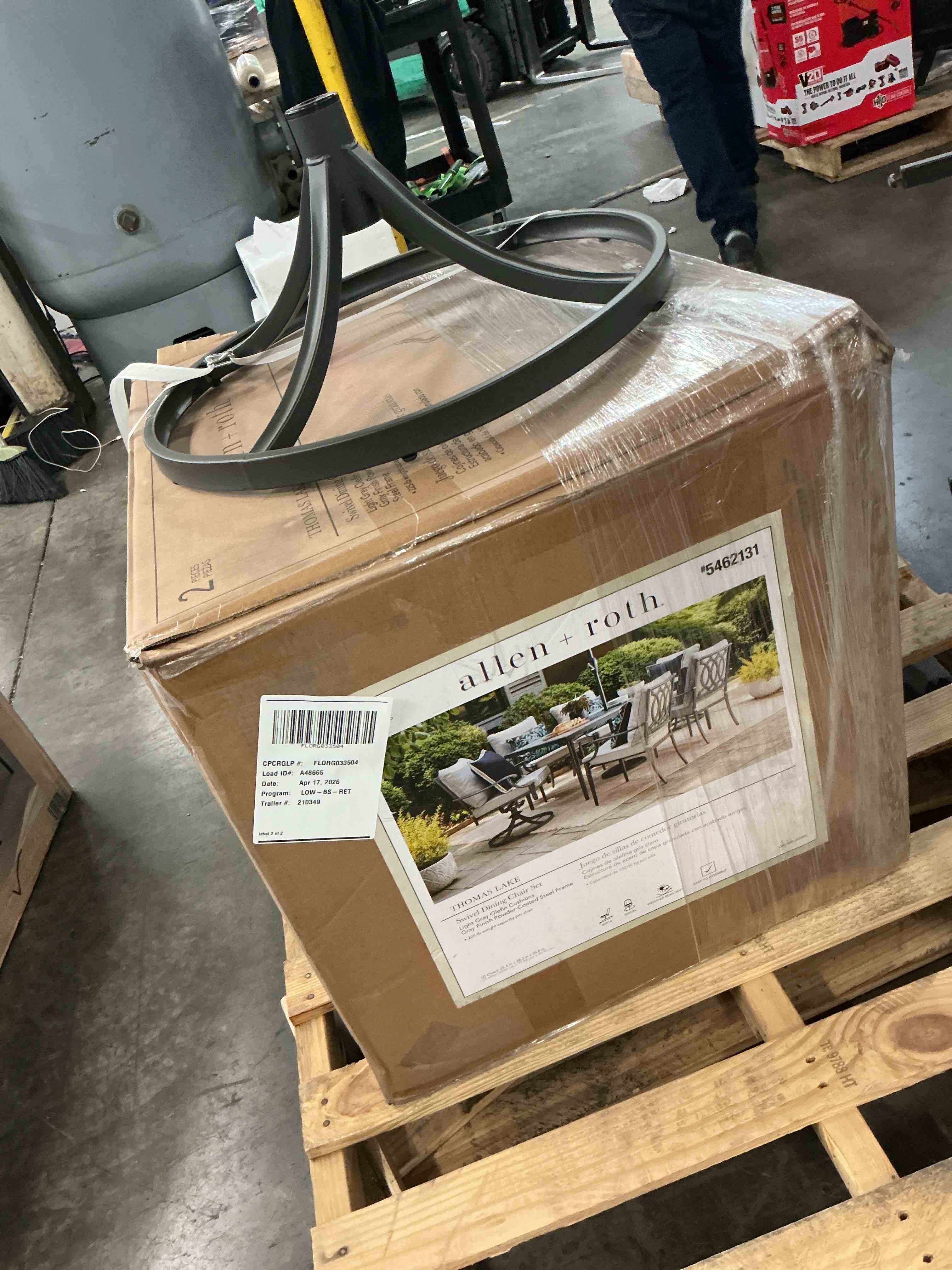 Condition photo showing As Is for (3 boxes and chairs for pick up) allen + roth thomas lake rectangle outdoor dining table 39-in w x 67-in l with umbrella hole set