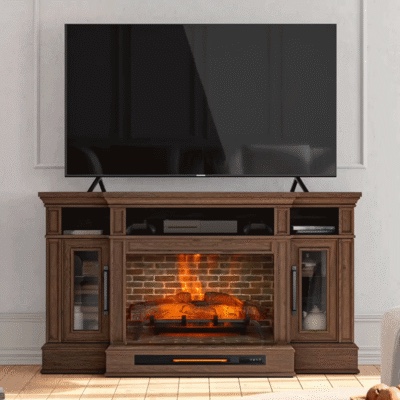 allen + roth 66-in w brown walnut tv stand with infrared quartz flat wall electric fireplace 