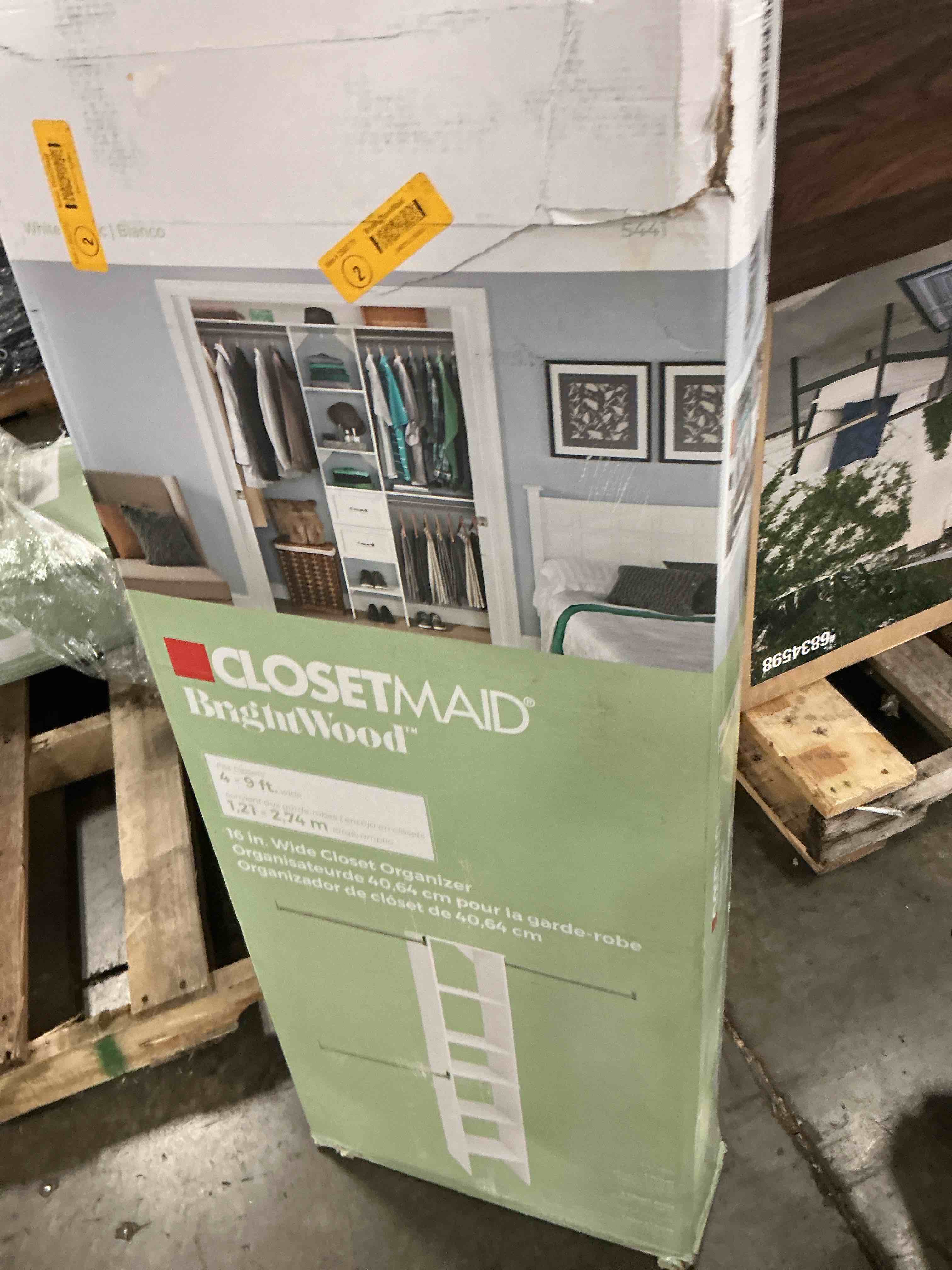 Condition photo showing As Is for closetmaid brightwood 5-ft to 10-ft w tower system white solid shelving wood closet system