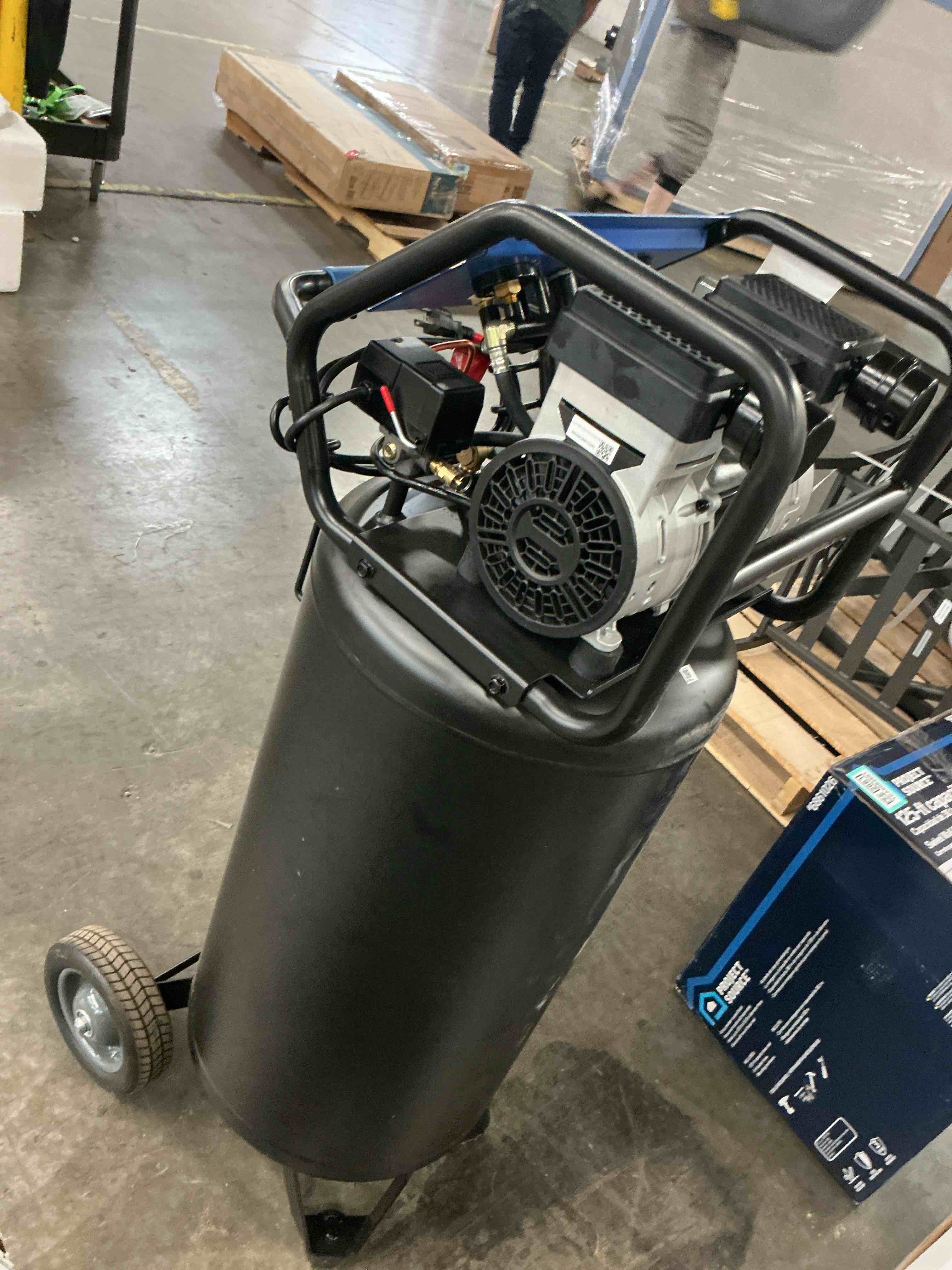 Condition photo showing As Is for kobalt quiet tech 26-gallon portable electric 150 psi vertical air compressor