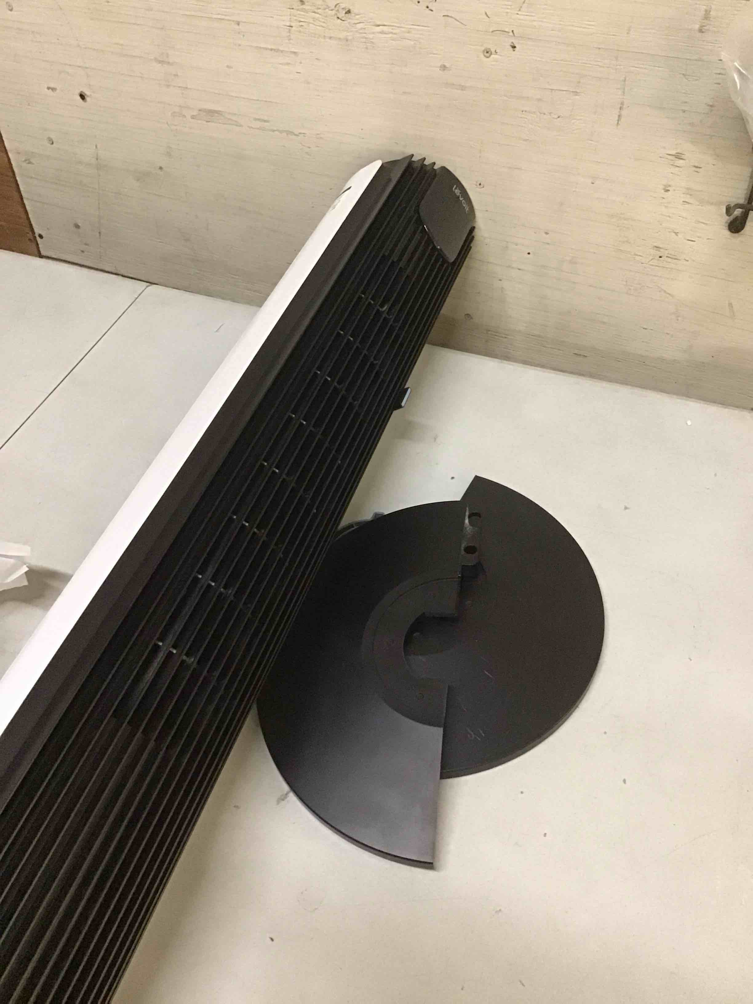 Condition photo showing As Is for ( incomplete missing remote and power cord ) levoit smart 42 inch tower fan for bedroom, dc motor, oscillating with quiet 26ft/s velocity, 25db bladeless floor fan for home space, 12 speeds, 4 modes, 24h timer with app, works with alexa, remoter