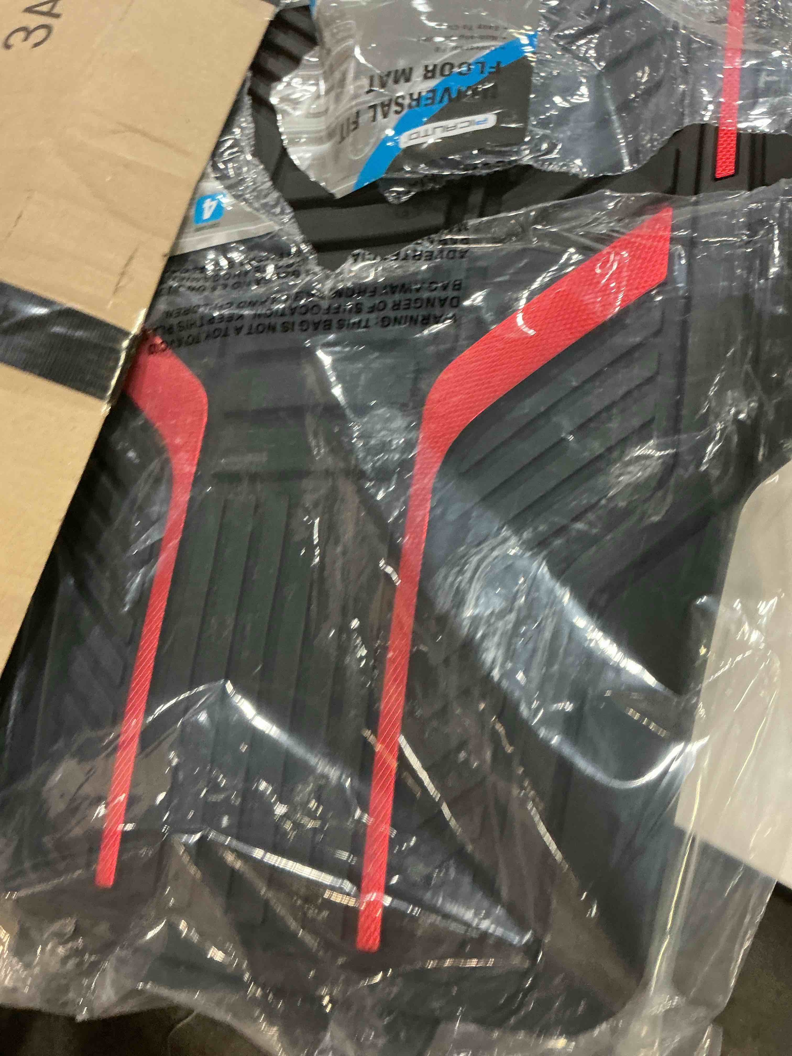 Condition photo showing Good Condition for pic auto heavy duty rubber floor mats, red aluminum film car mats set, front and rear car mats with anti-slip backing, all weather protection, trim-to-fit for automotive suv, sedan, van