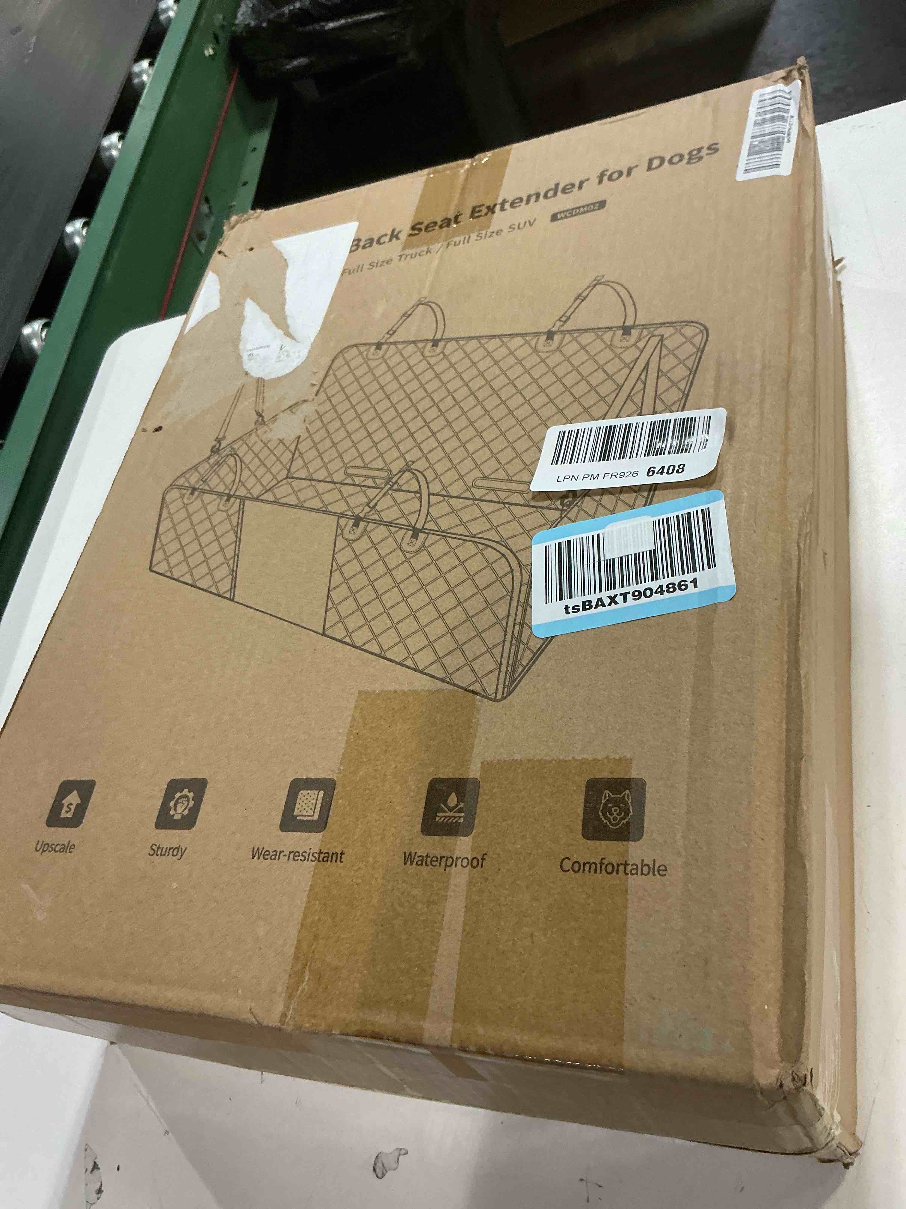 Condition photo showing New/Like New for back seat extender for dogs 57 * 28.7 in, waterproof leather fabric dog car seat cover for back seat, foldable in the car, hard pvc panels bottom support to 330 lbs, full coverage for full size truck for full size truck / full size suv dog hammock style