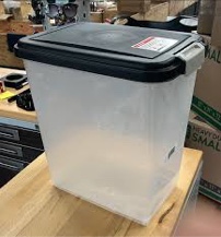 Condition photo showing As Is for iris usa airtight pet food storage container with wheels, black, 30 lb capacity - bpa-free clear plastic bin with snap-lid seal to keep kibble, pellets or seeds fresh for dogs, cats and birds