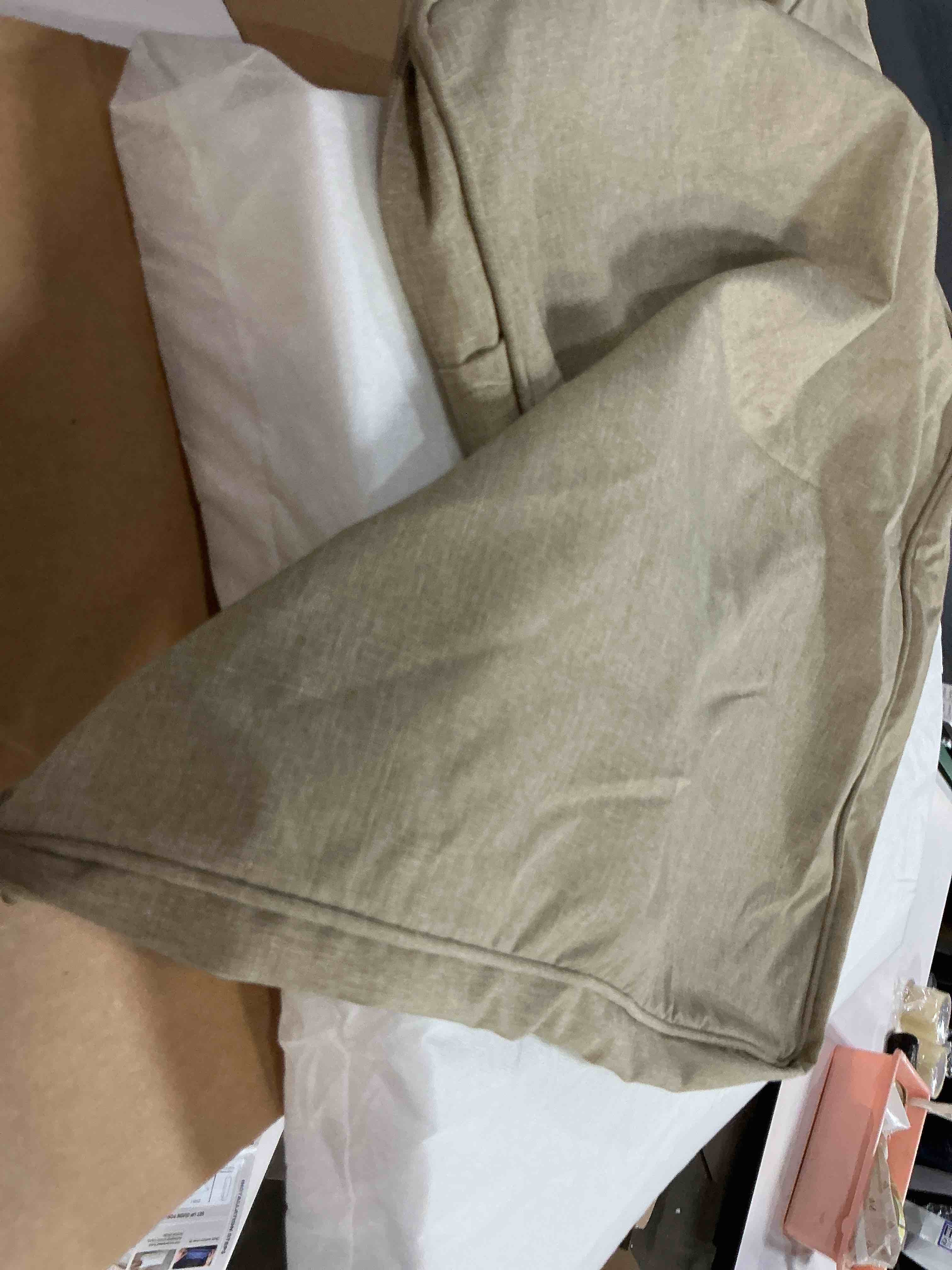 Condition photo showing As Is for canvas pebble beige solid rectangular outdoor chair pad seat cushion with ties (6 pack)