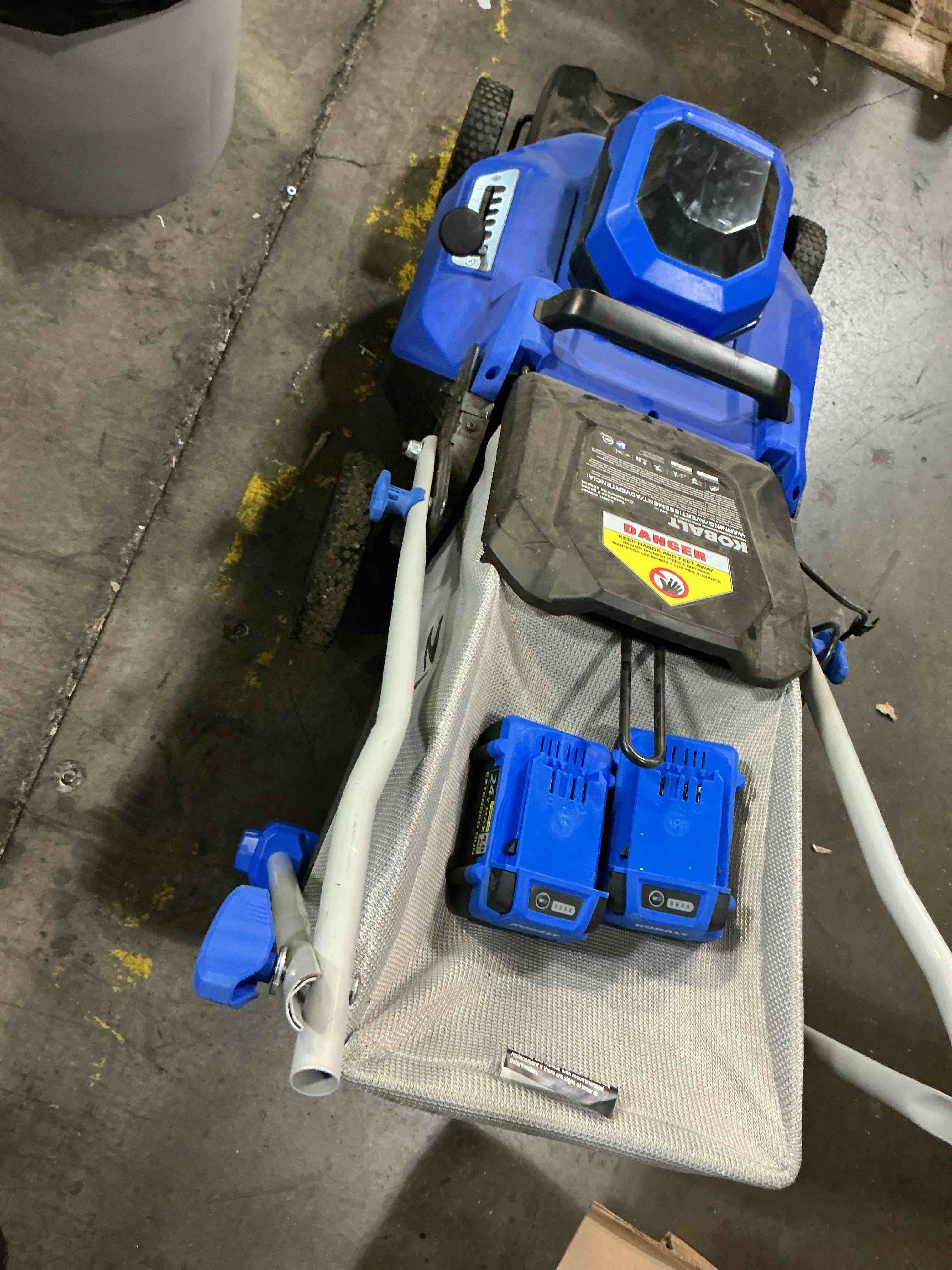 Condition photo showing As Is for kobalt 24-volt, 16-in push battery walk mower with (2) 4 ah battery included