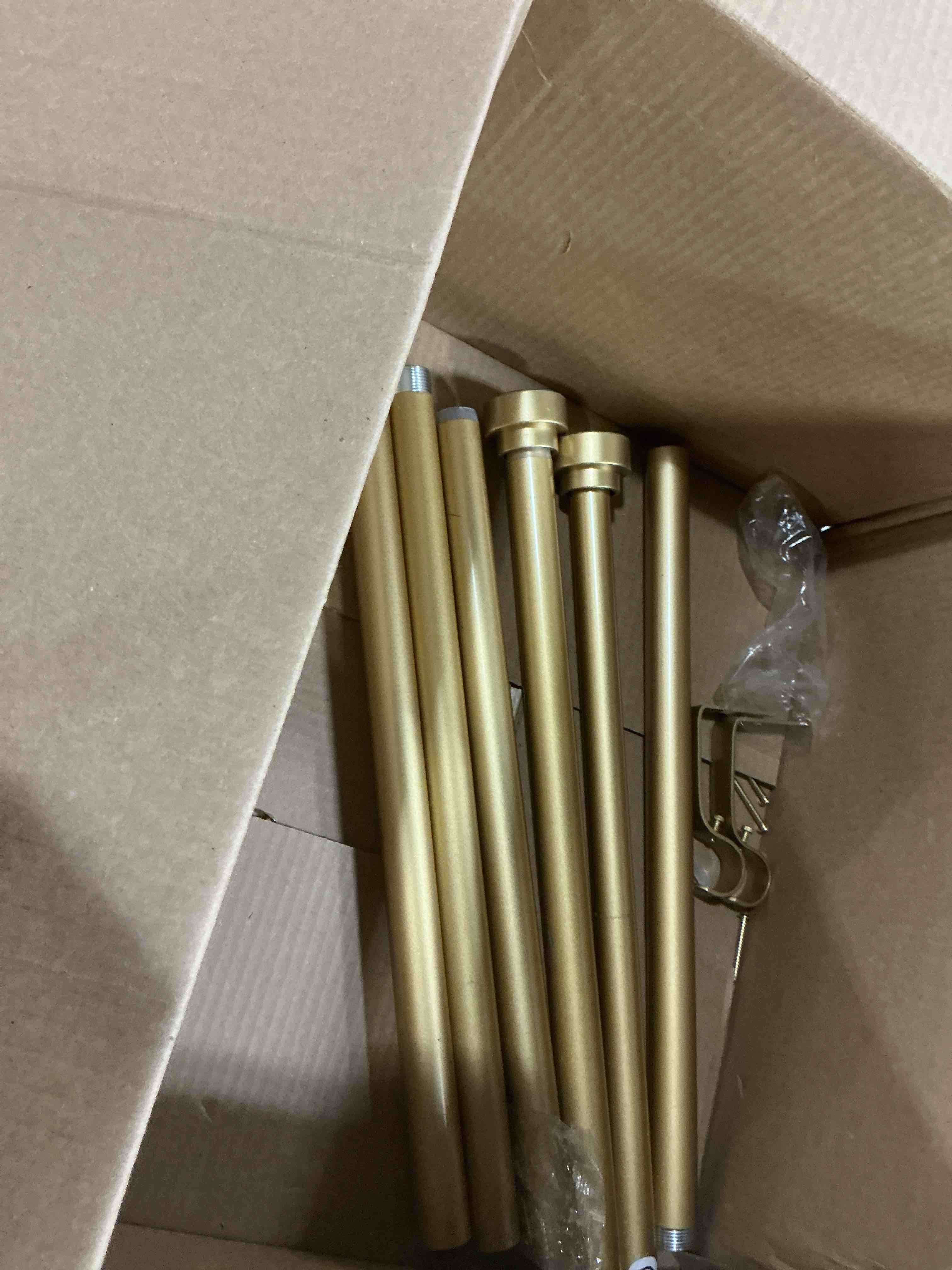 Condition photo showing As Is for curtain rod for windows 48 to 84 inch, 1 inch gold modern drapery rods with end cap (32"-86",