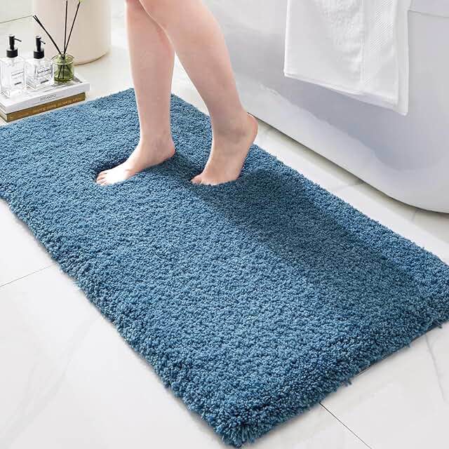 bathroom rugs non slip washable 48x24, ultra thick soft microfiber absorbent bath mats, high density foam latex non slip backing bath rugs, fluffy floor carpet for tub&shower, blue