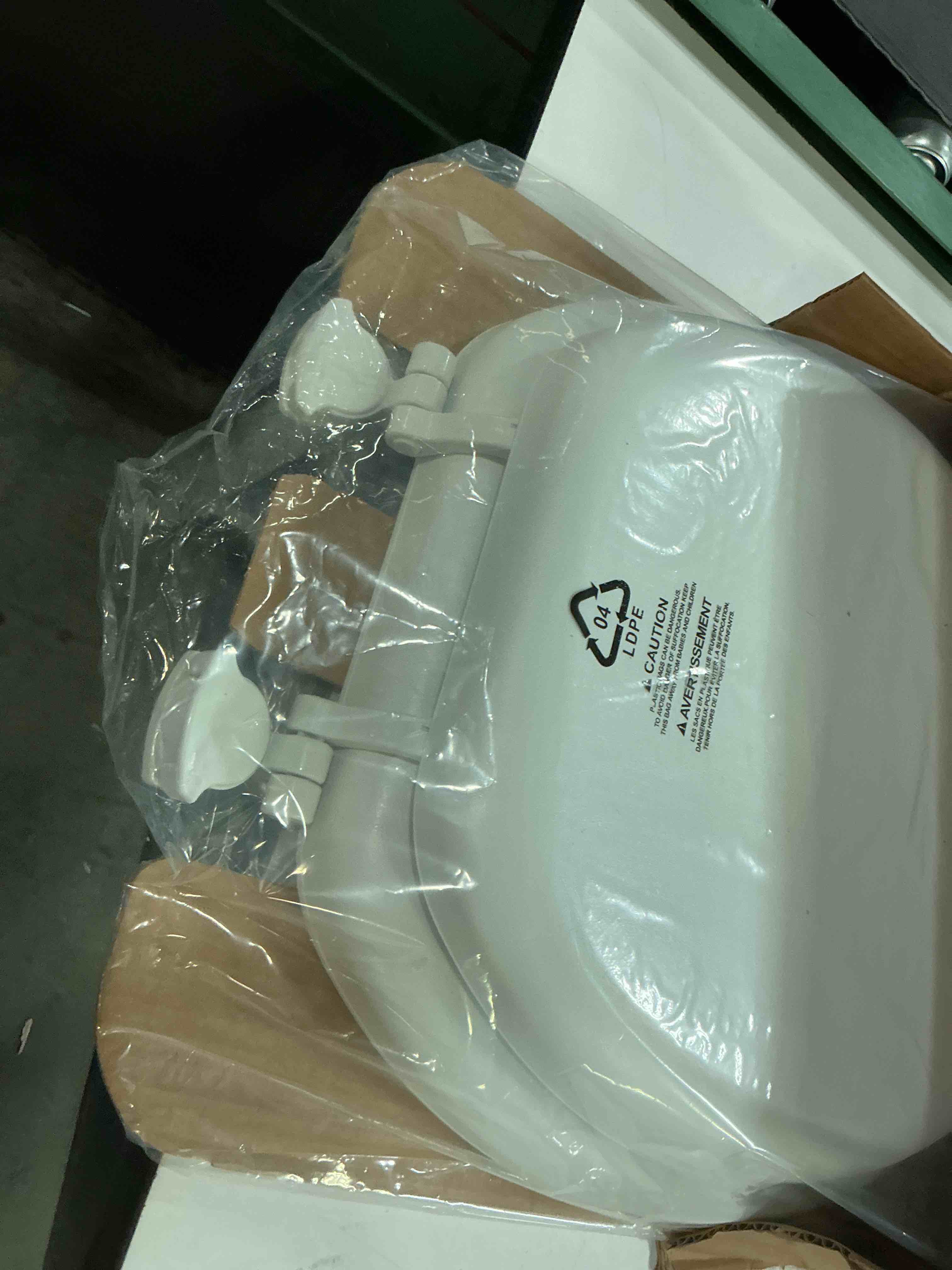 Condition photo showing Good Condition for mayfair padded toilet seat, cushioned soft vinyl over wood core seat, secure hinges, easy clean, made in usa, round, white round white toilet seat