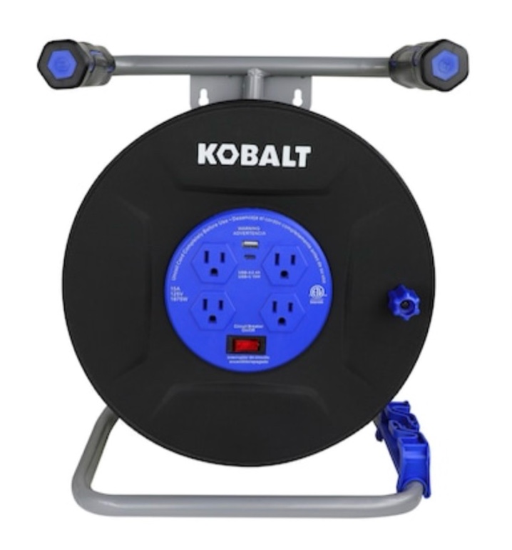 kobalt 4-outlet portable thermoplastic power station cord reel with 75ft 12/3 yellow sjtw cord