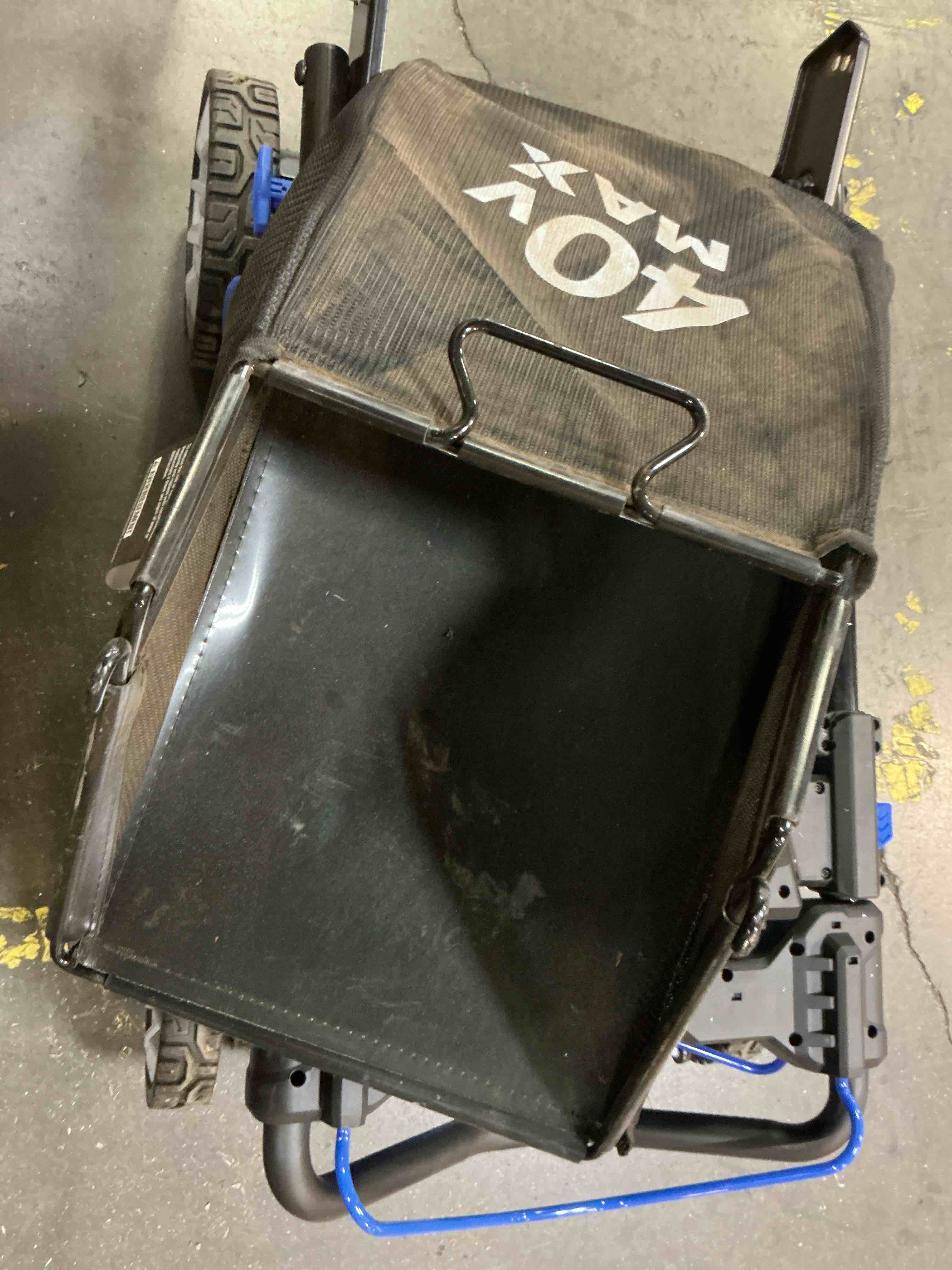 Condition photo showing As Is for kobalt 80-volt, 25-in self propelled battery walk mower with (2) 4 ah battery & charger included