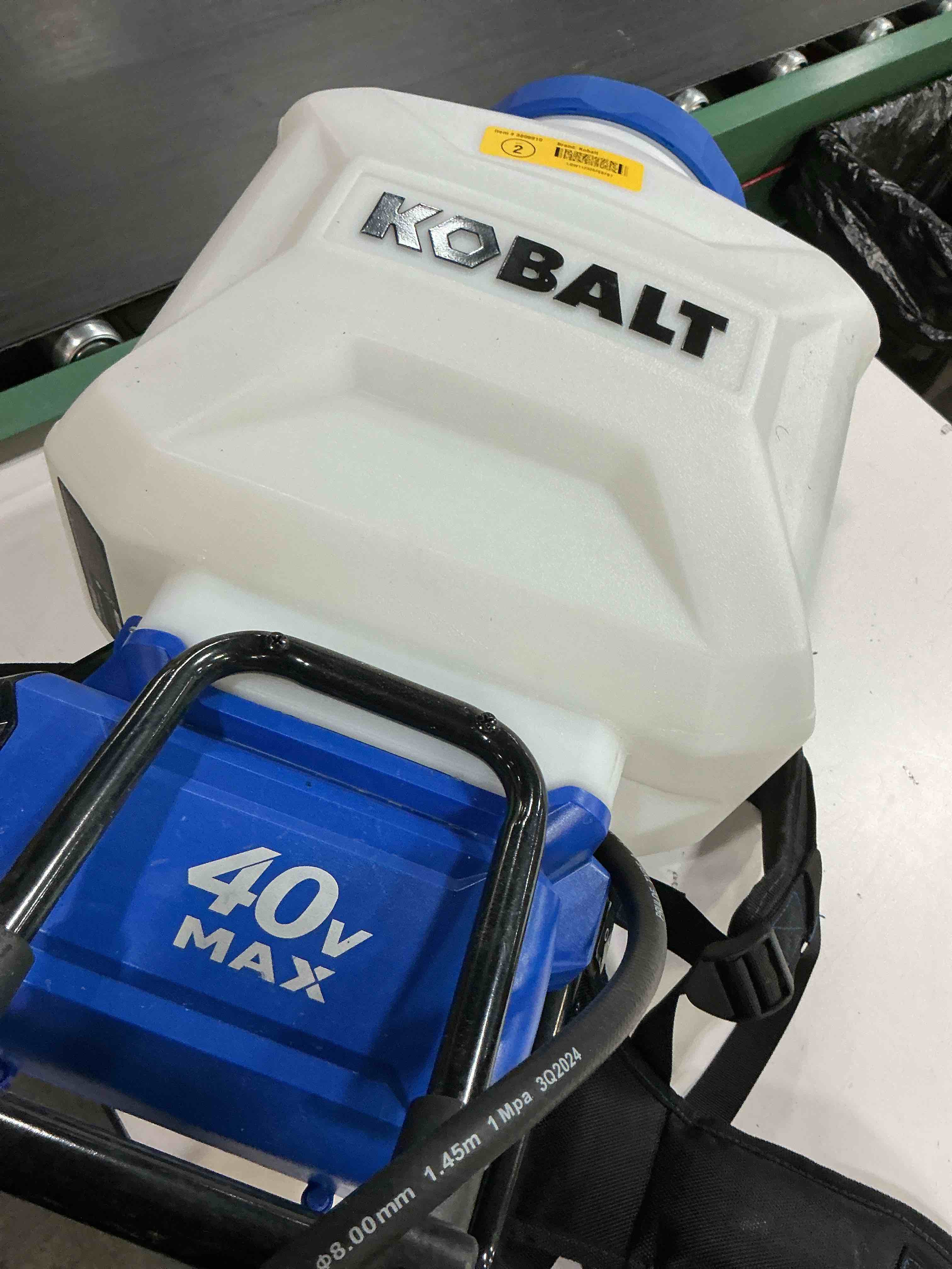 Condition photo showing As Is for kobalt 2.11-gallon 24-volt battery operated plastic handheld sprayer item