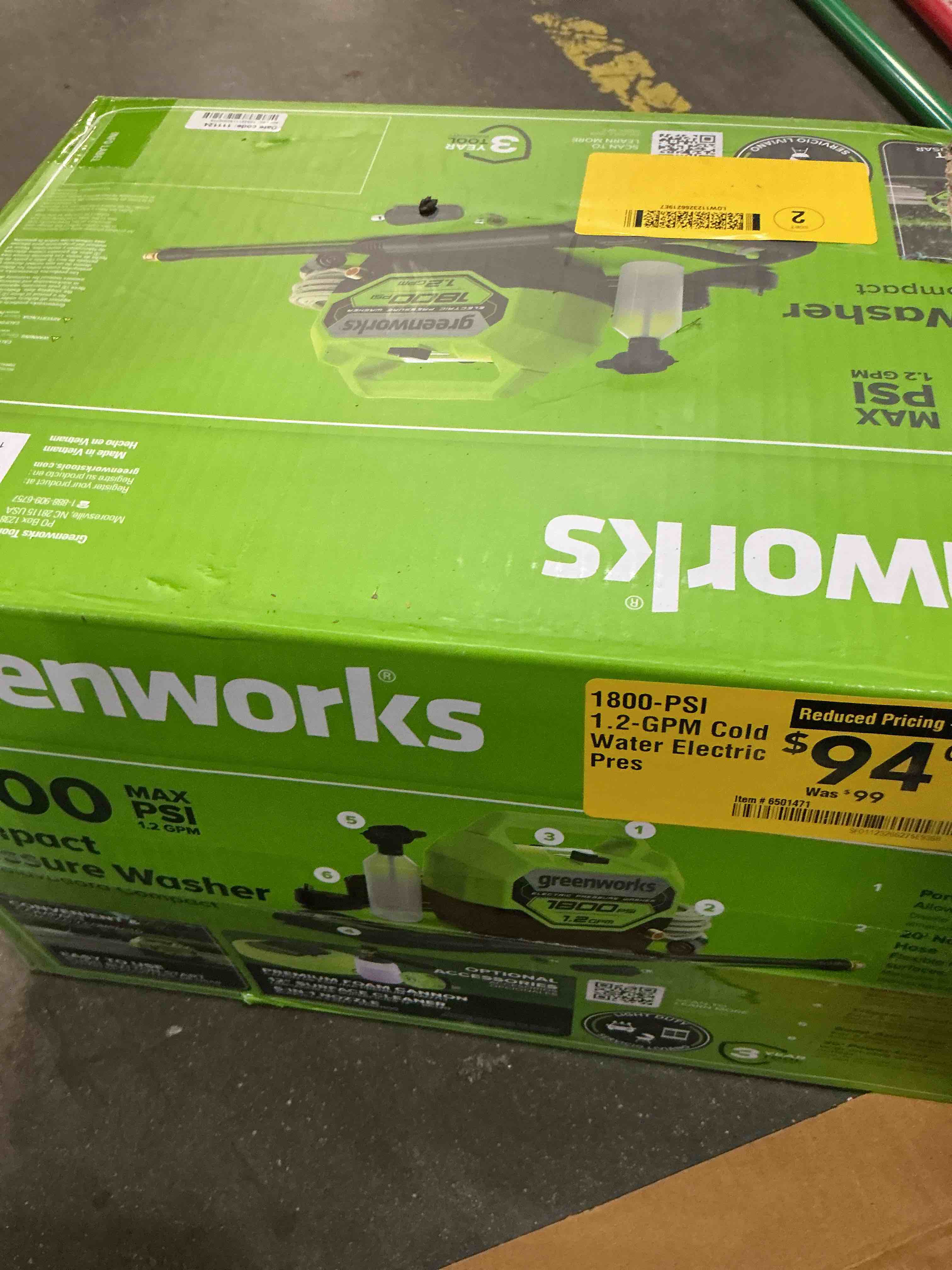 Condition photo showing As Is for greenworks 1800-psi 1.2-gpm cold water electric pressure washer with 2 spray tips