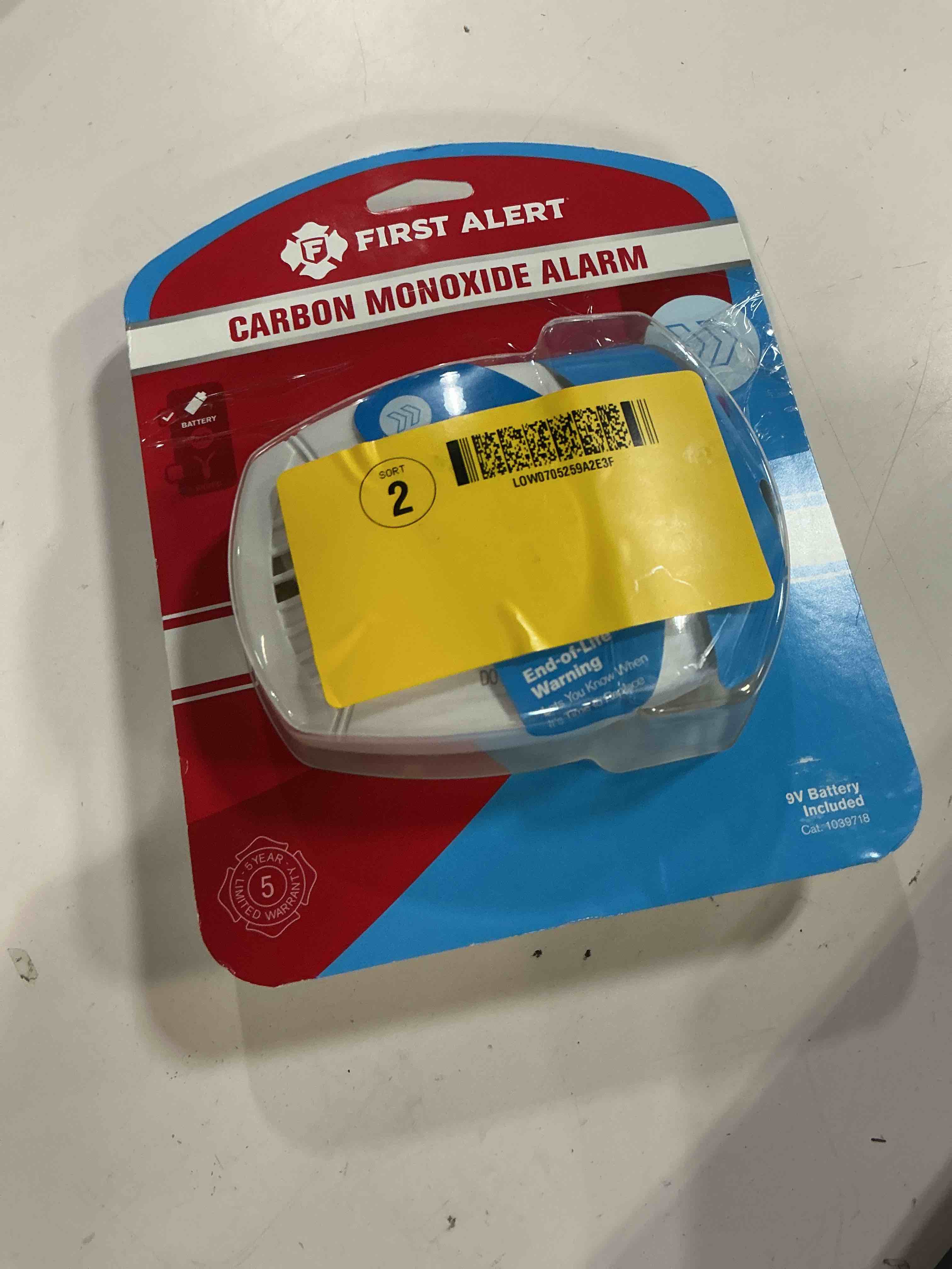 Condition photo showing As Is for first alert fat1039718 battery-powered carbon monoxide alarm, 9v, white