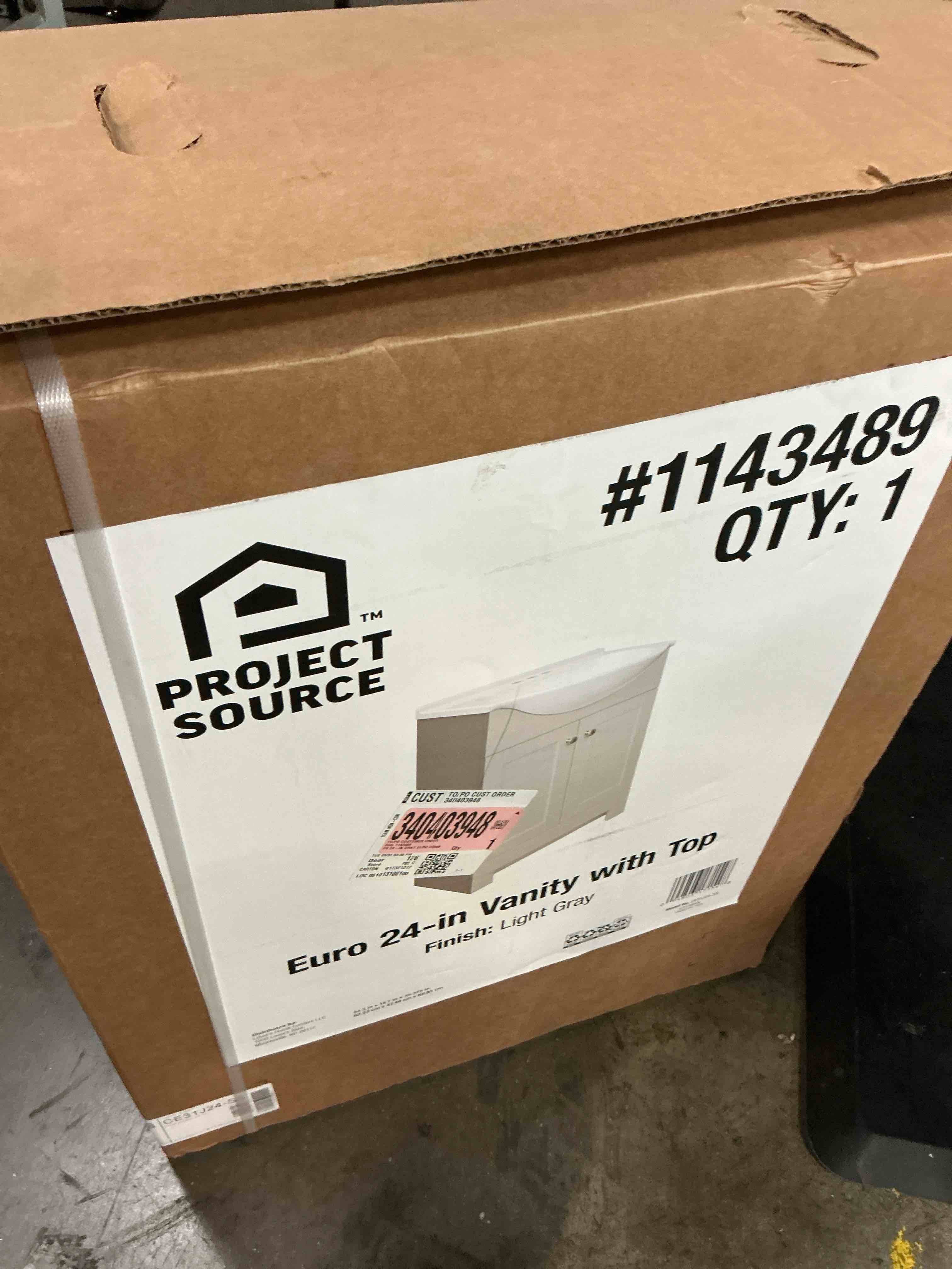 Condition photo showing Good Condition for 60+ bought last week project source euro 24-in light gray single sink bathroom vanity with white cultured marble