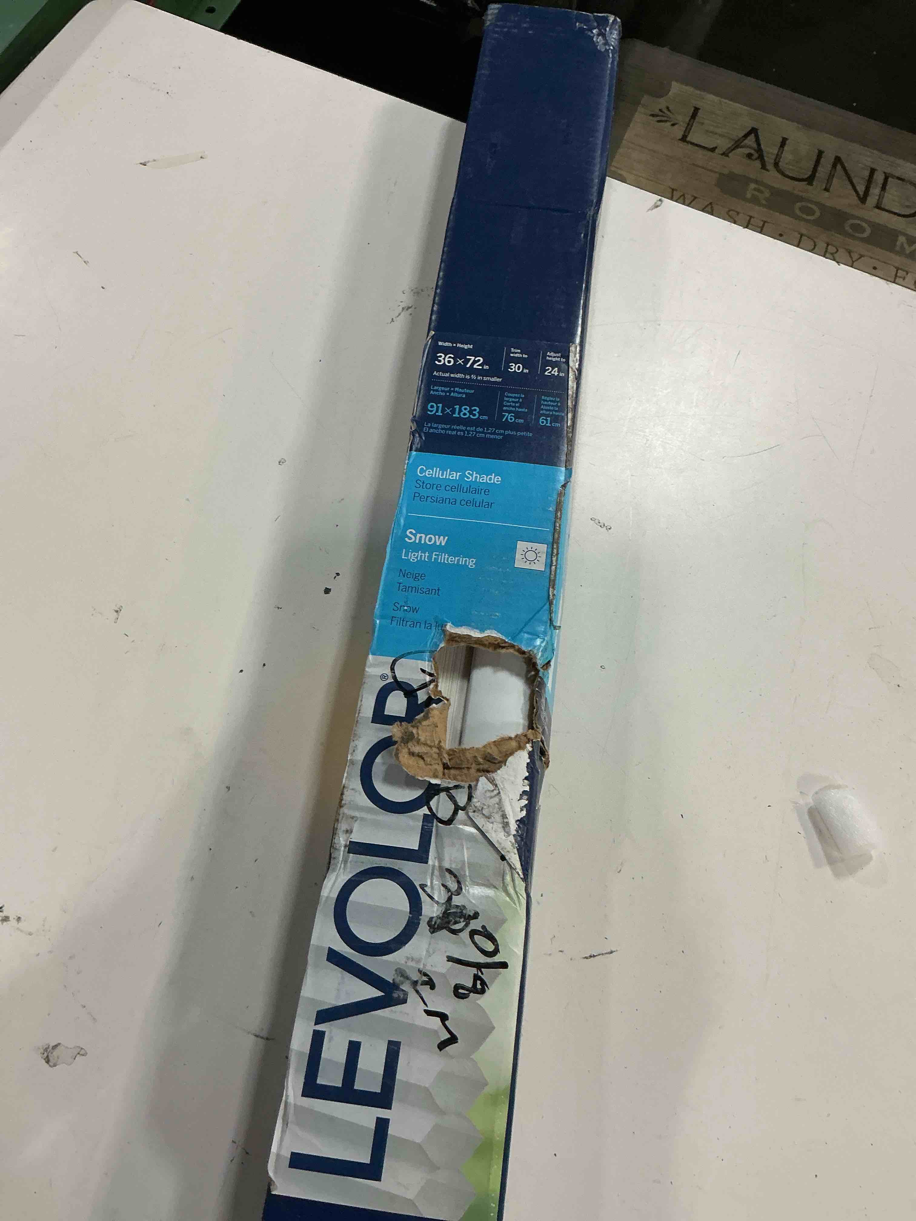 Condition photo showing As Is for levolor 36-in x 72-in snow light filtering cordless cellular shade