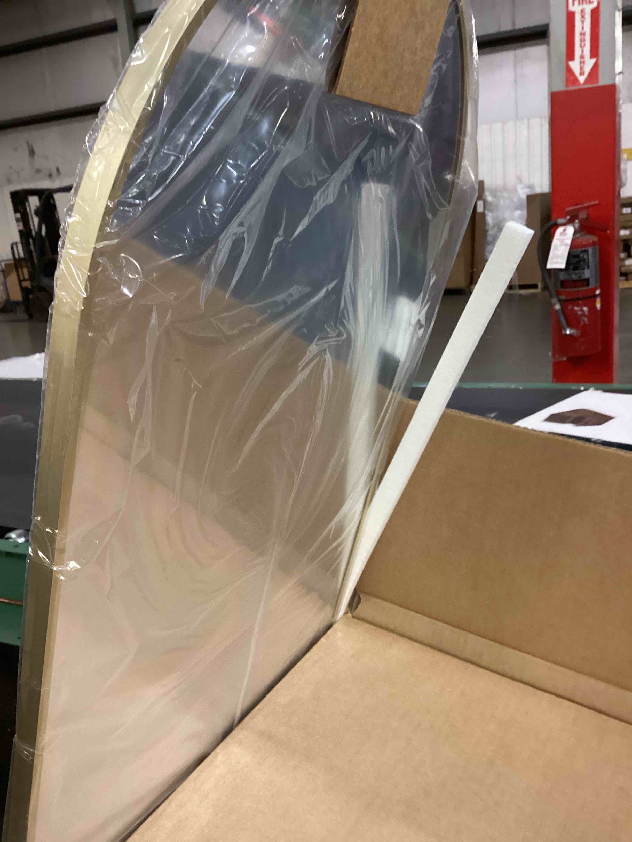 Condition photo showing New/Like New for full length mirror with hd tempered glass, wall mounted or free standing floor mirror with stand, no distortion, sleek safe frame for bedroom, living room, entryway (gold, 56")