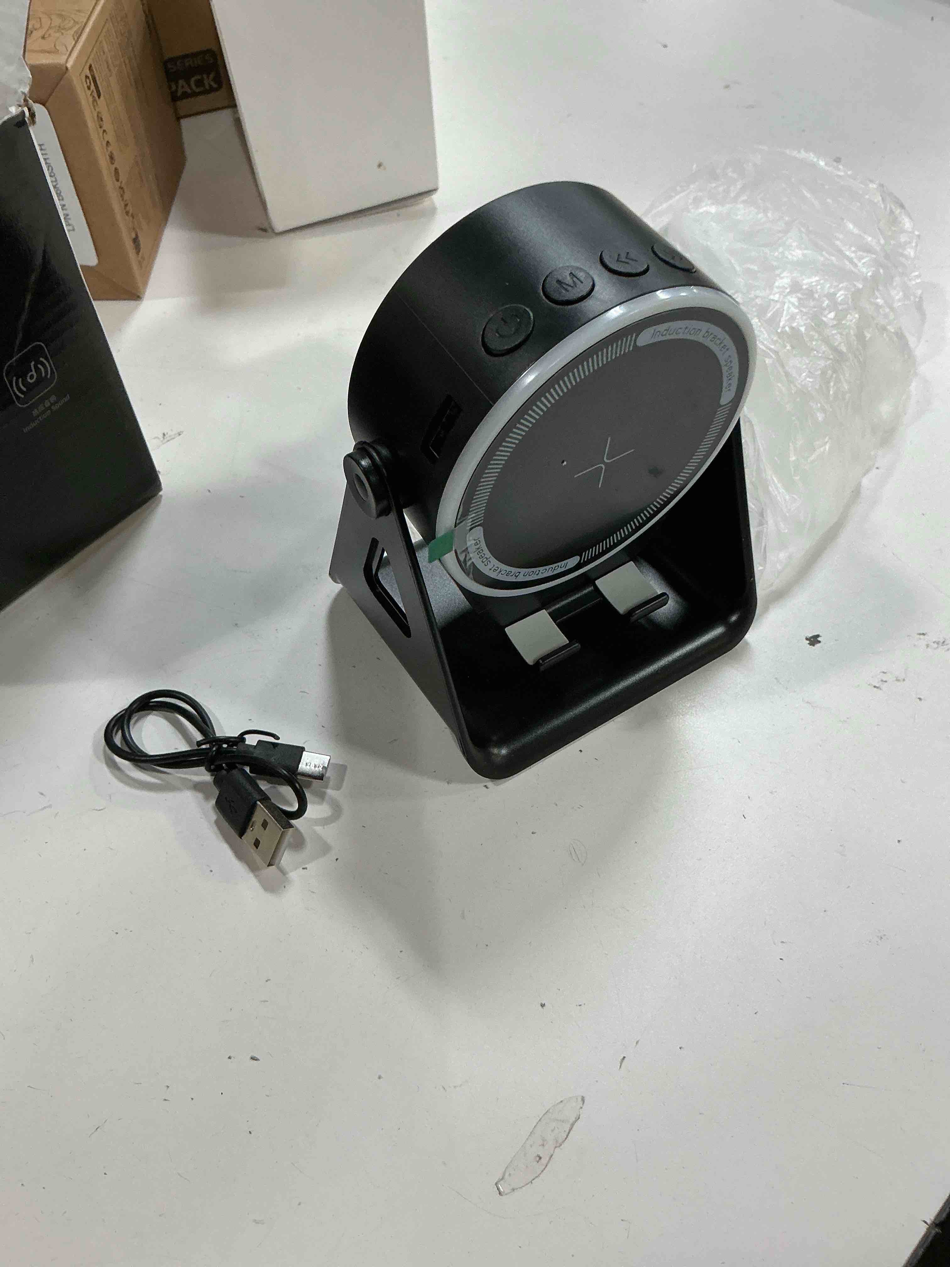 Condition photo showing New/Like New for fbw wireless induction speaker, 5-in-1 bluetooth 5.3 phone stand with 360° rotation & rgb ambient light - cool tech gadgets gifts for men women dad mom - compatible iphone/android/ipad/samsung (black)