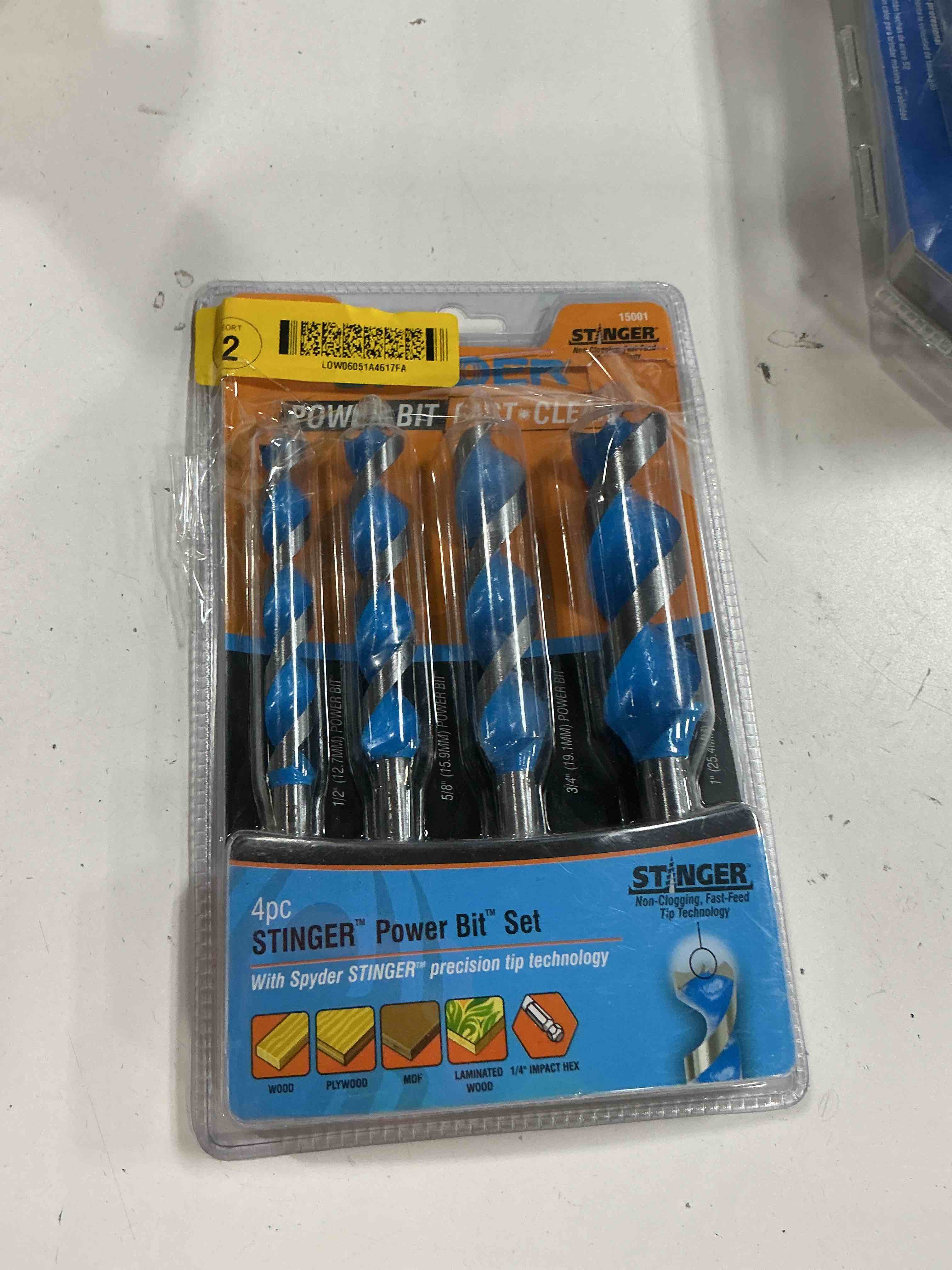 Condition photo showing New/Like New for spyder stinger 4-piece wood boring power bit set, 6.5-inch length,1/2, 5/8, 3/4, 1-inch diameter