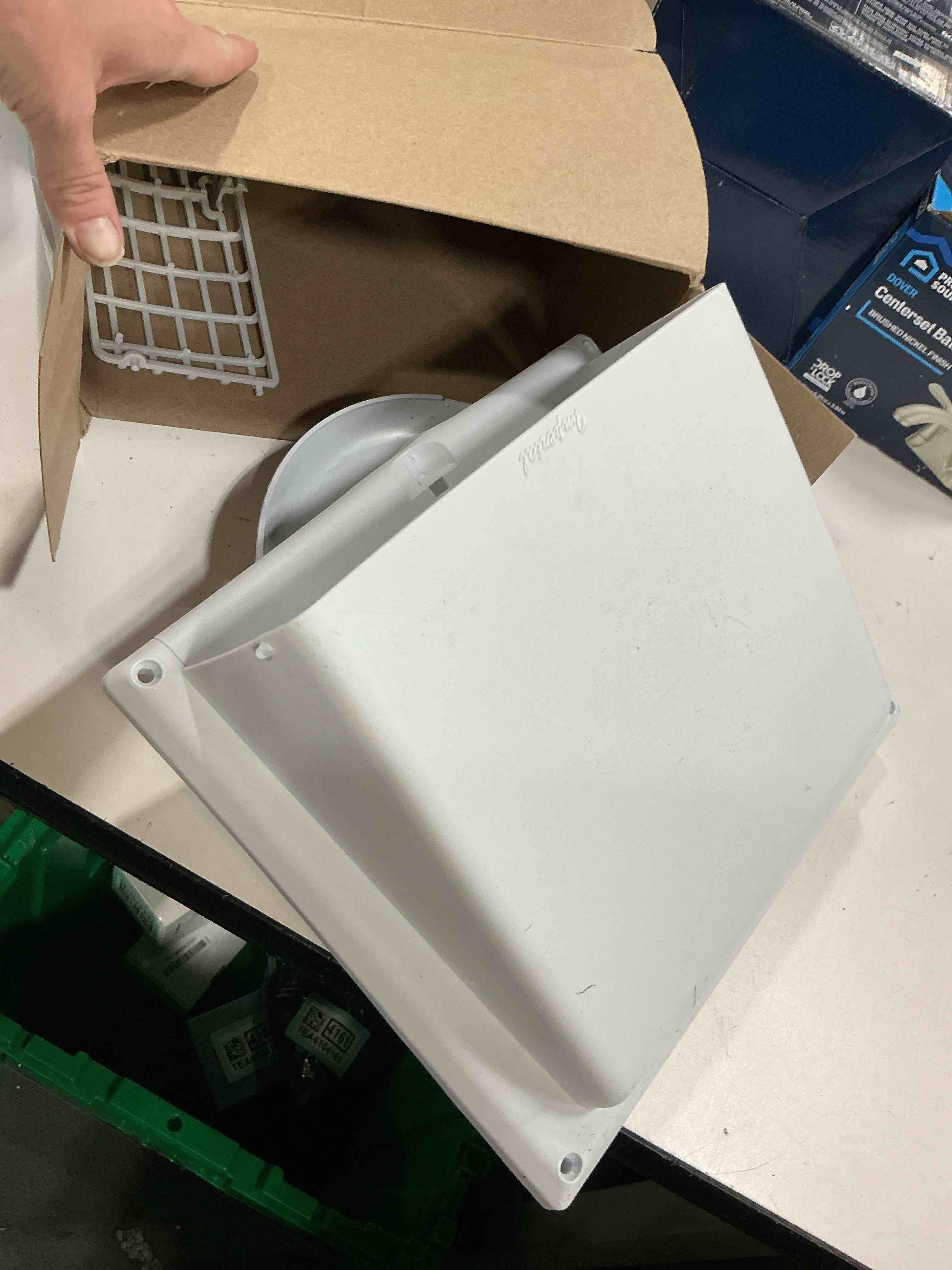 Condition photo showing As Is for imperial 6 in. - 7 in. white plastic kitchen wall vent cap vt0755