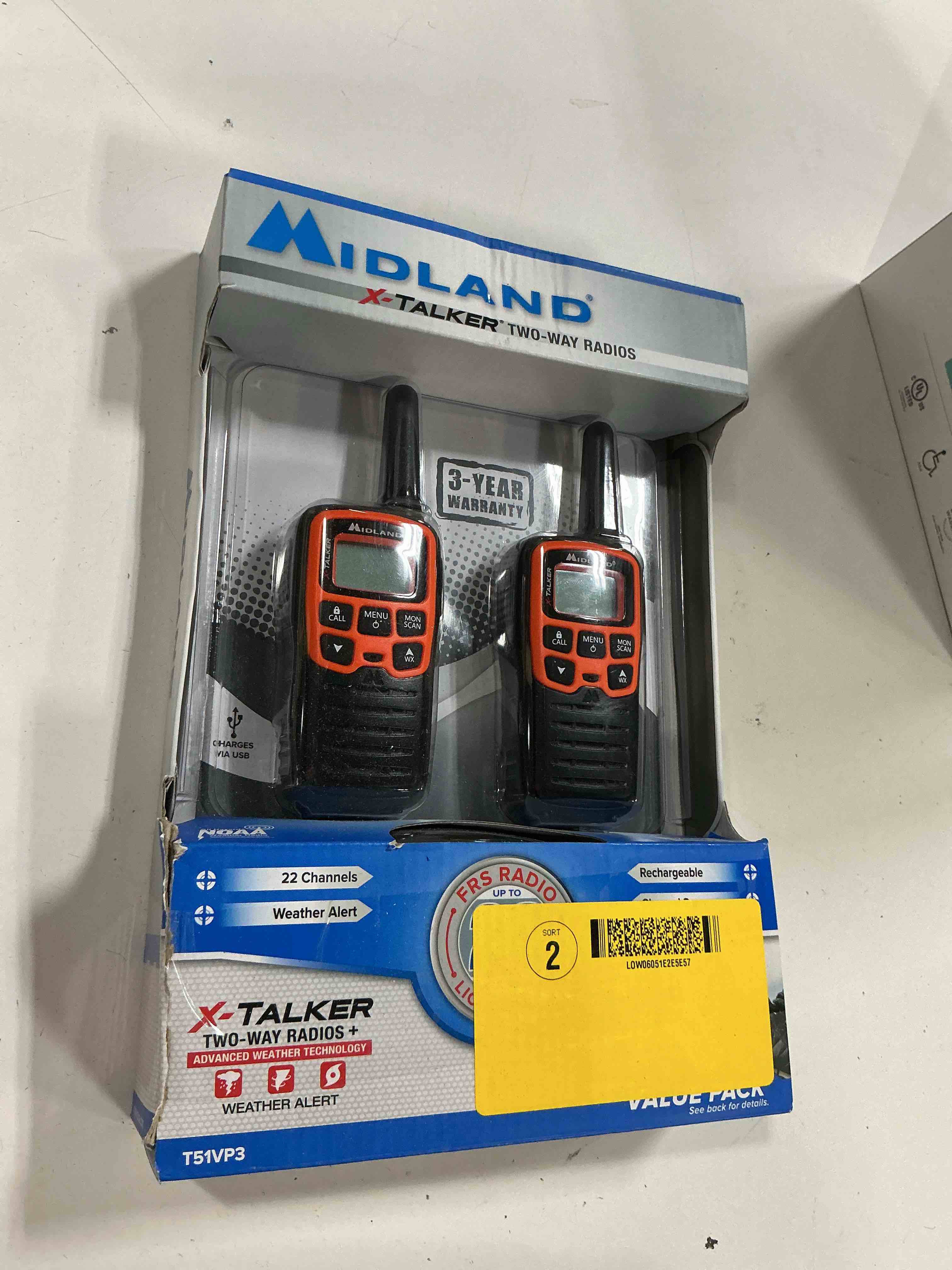 Condition photo showing New/Like New for midland - x-talker t51vp3, 22 channel frs walkie talkie - up to 28 mile range two-way radio, 38 privacy codes, noaa weather alert (pair pack) (black/orange)