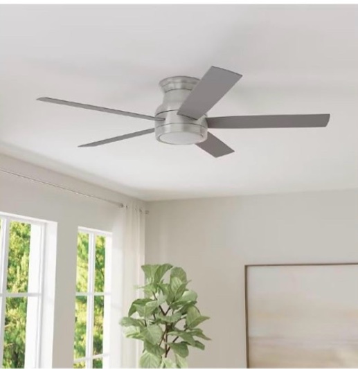 harbr.breeze calverton easy2hang 52-in color-changing integrated led flush mount brushed nickel with light brown woodgrain/gray blades ceiling fan with light - remote included (5 -blade)