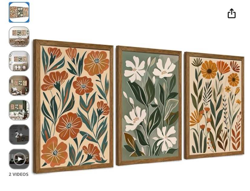 inspiredhues 3 piece abstract boho floral canvas wall art, green beige flower market wall decor, minimalist colorful botanica artwork prints for for living room bedroom office 12x16 inch wood framed (similar) 