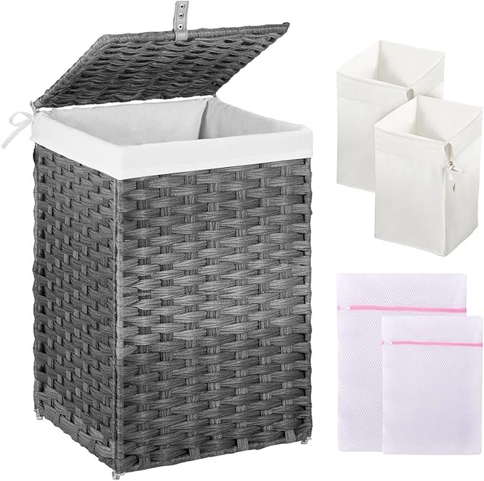 greenstell laundry hamper with lid, 60l clothes hamper with 2 removable liner bags & 2 mesh laundry bags, handwoven synthetic rattan laundry basket for clothes, toys in bathroom, bedroom grey
