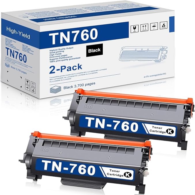 Brother Genuine TN760 3-Pack High Yield Black Toner Cartridge with approximately 3,000 page yield/cartridge