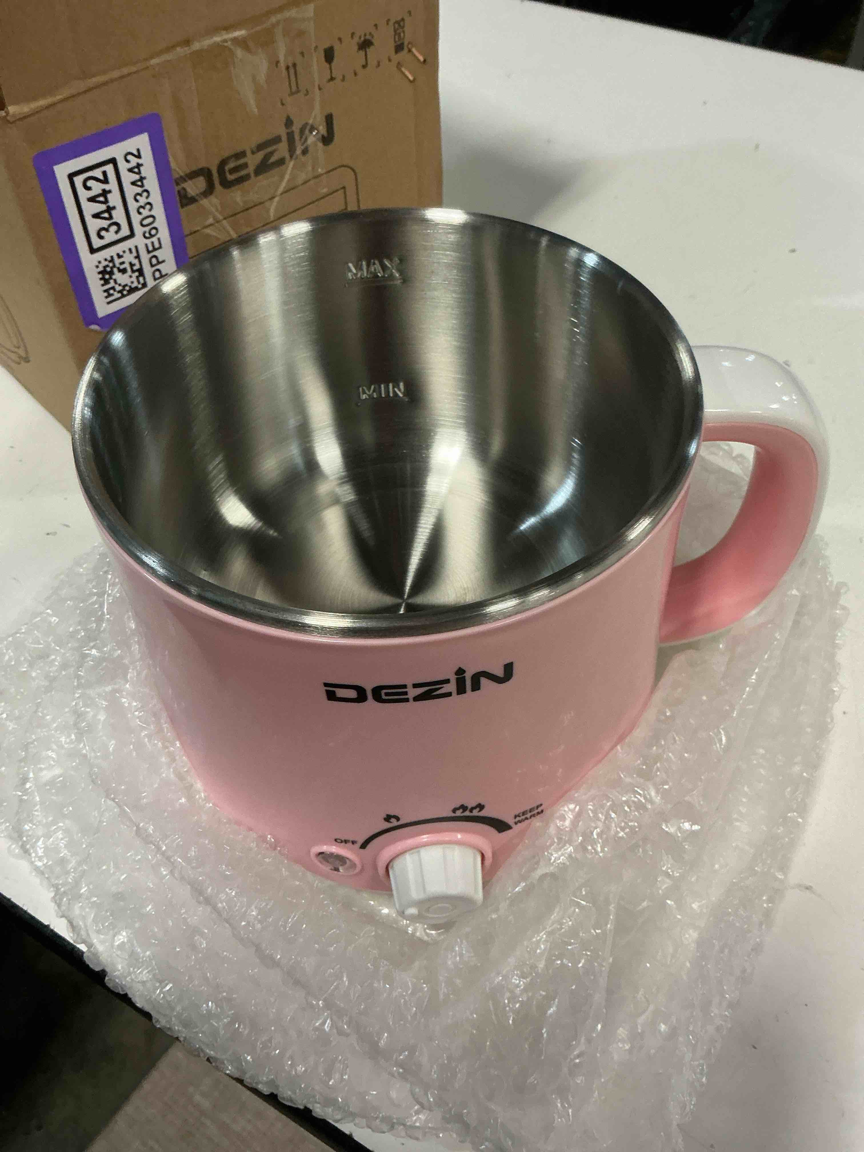 Condition photo showing As Is for Dezin Hot Pot Electric, Rapid Noodles Cooker, Stainless Steel Electric Pot 1.6 Liter, Perfect for Ramen, Egg, Pasta, Dumpling, Soup, Porridge, Oatmeal with Temperature Control and Keep Warm Function 1.6L Pink