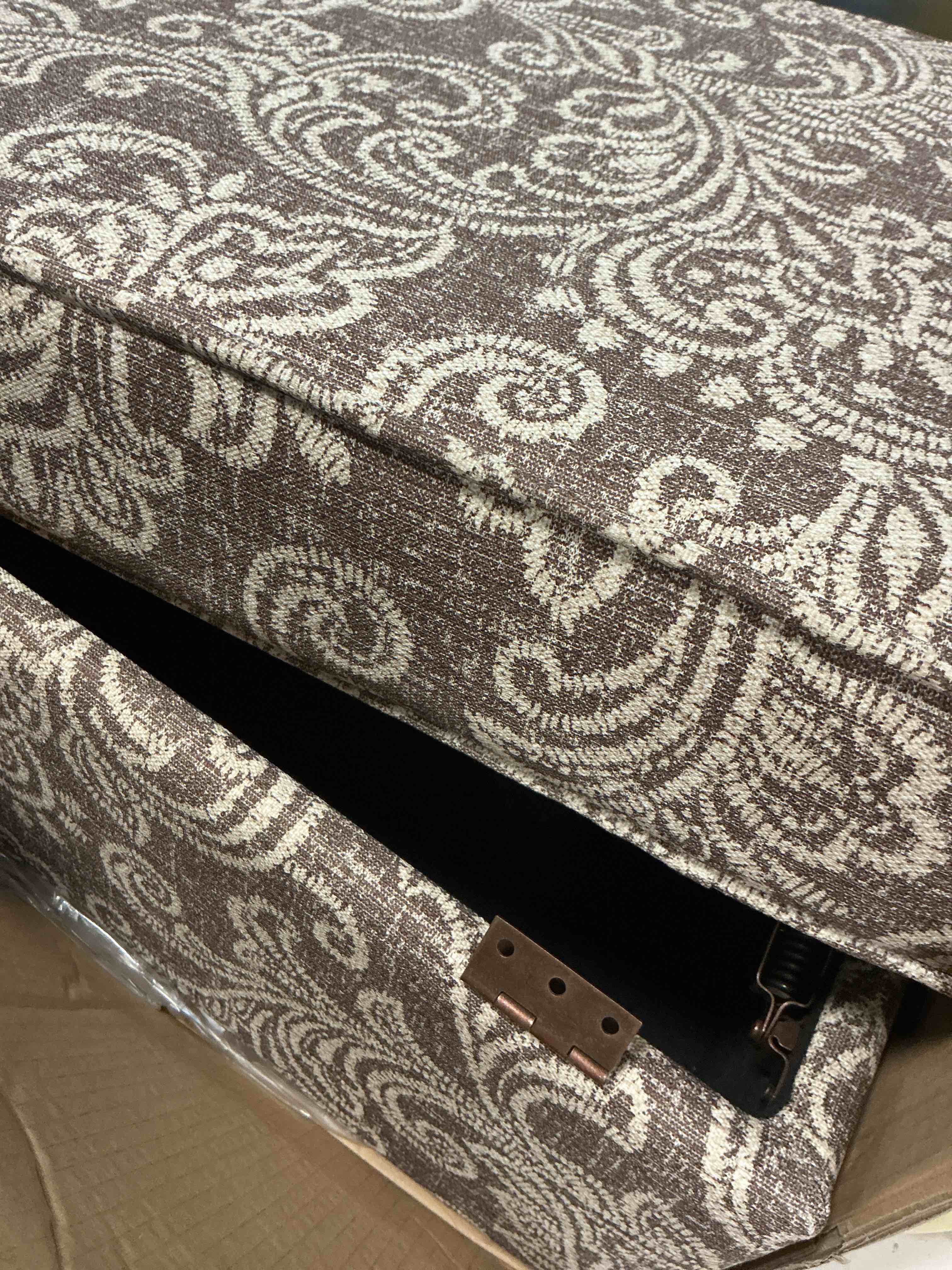 Condition photo showing item condition for HomePop Home Decor |K7646-A880| Upholstered Modern Rectangular Storage Ottoman | Hinged Lid Ottoman with Storage for Living Room & Bedroom, Brown Jacobean Print