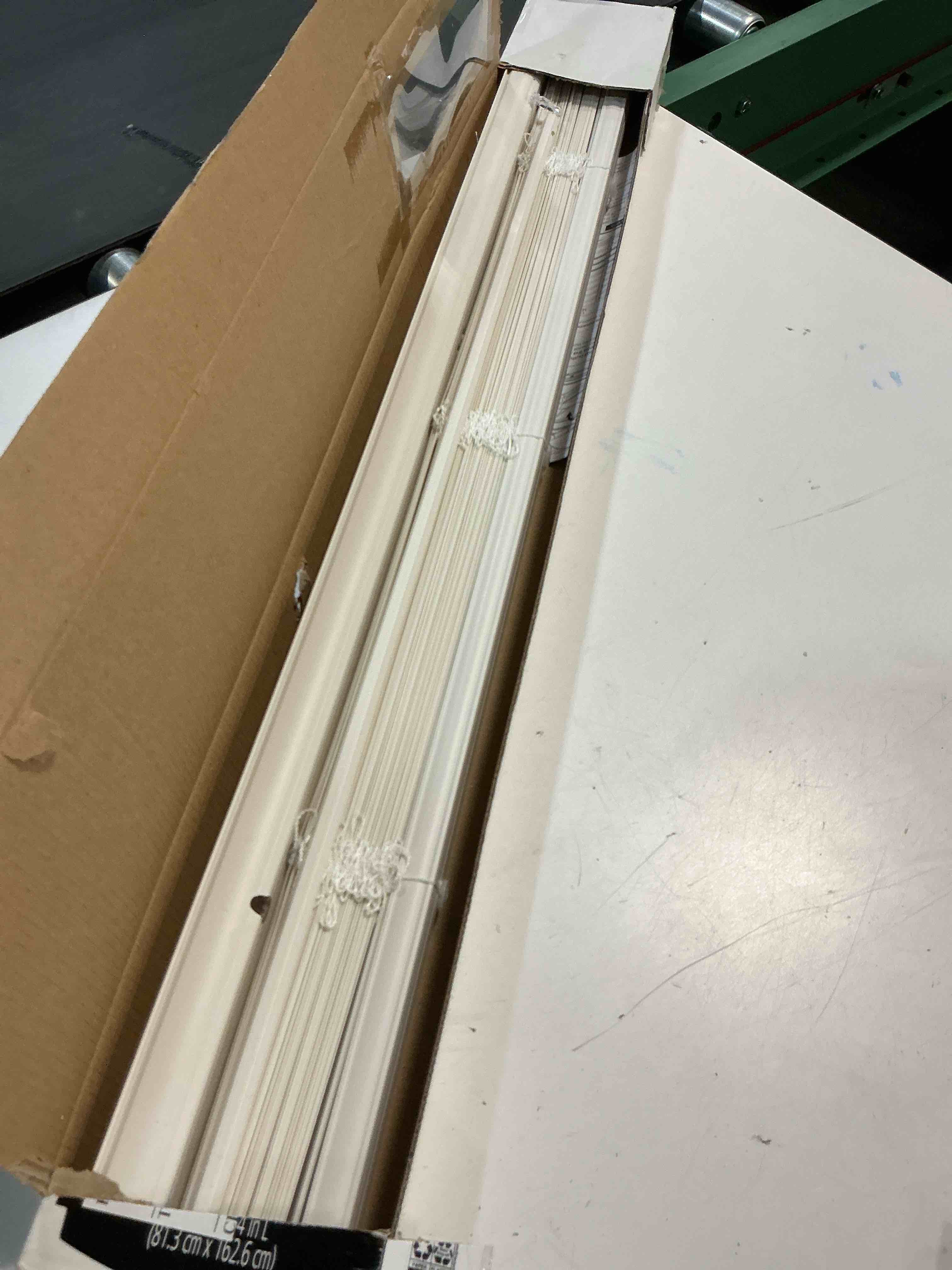 Condition photo showing As Is for mainstays cordless 1 vinyl light filtering blinds white 32 width x 64 length